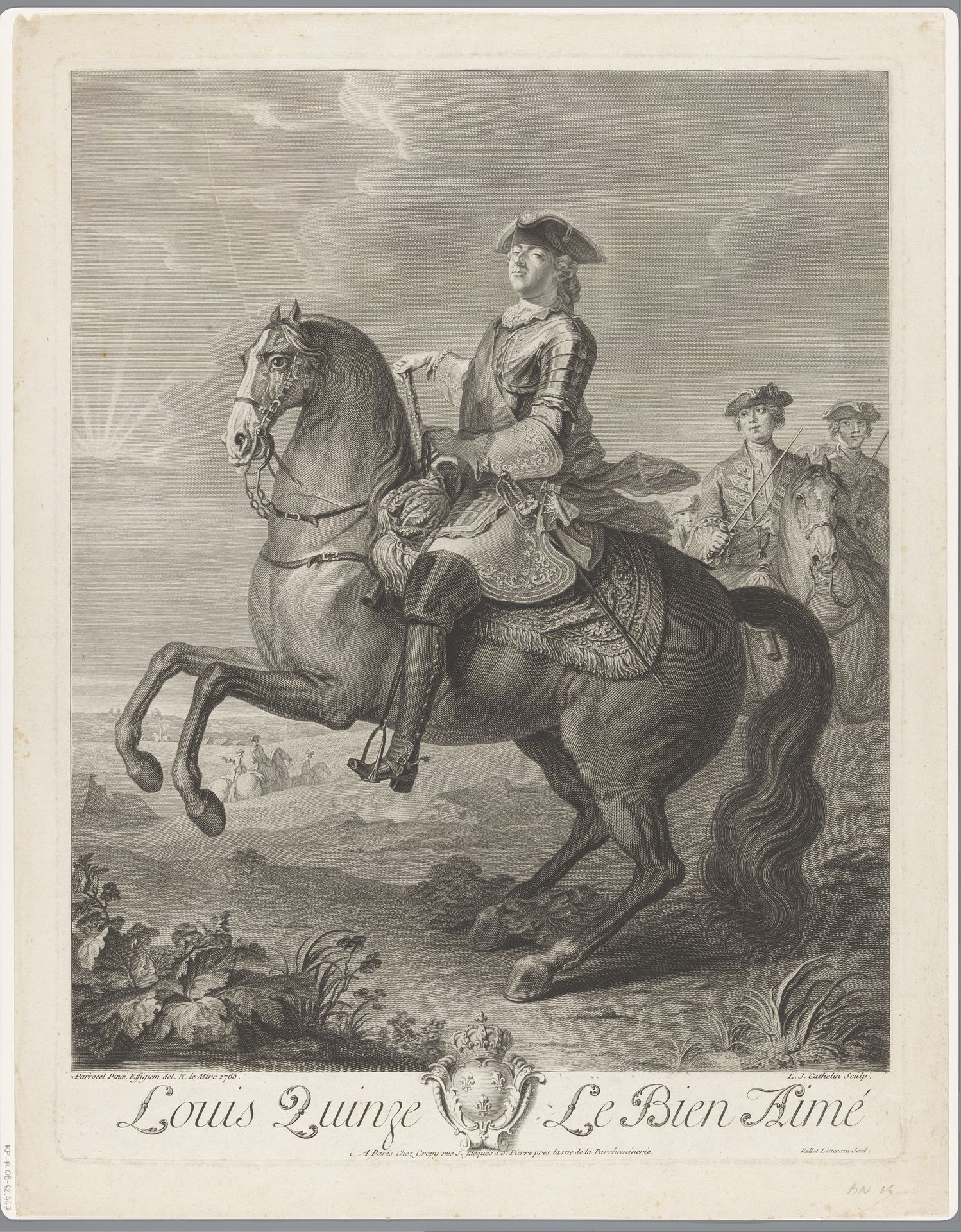 Portret van Lodewijk XV te paard by Louis Jacques Cathelin