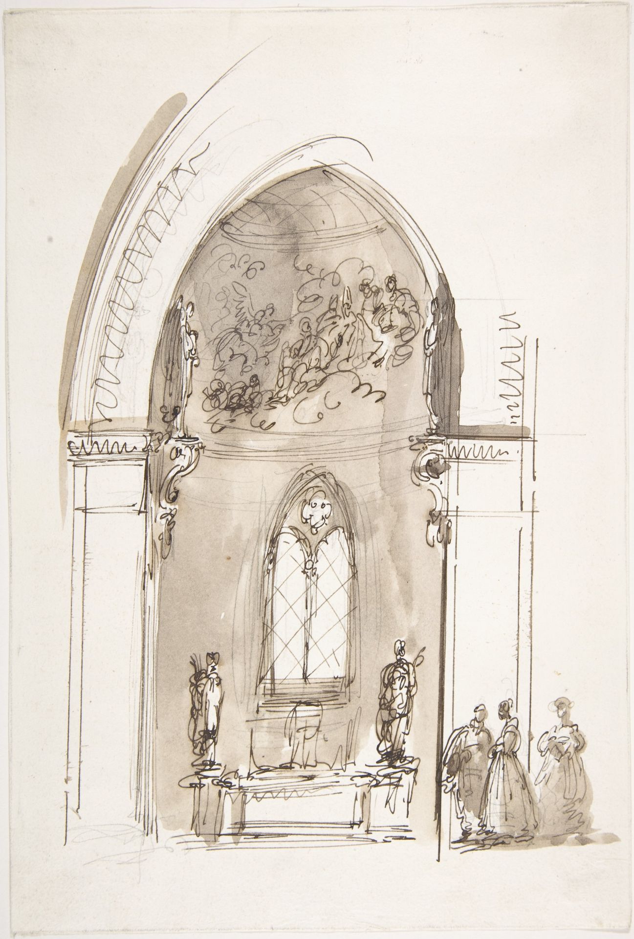 Chapel in a Gothic Church (recto); Outline sketch of an oval form (verso) by Giuseppe Bernardino Bison