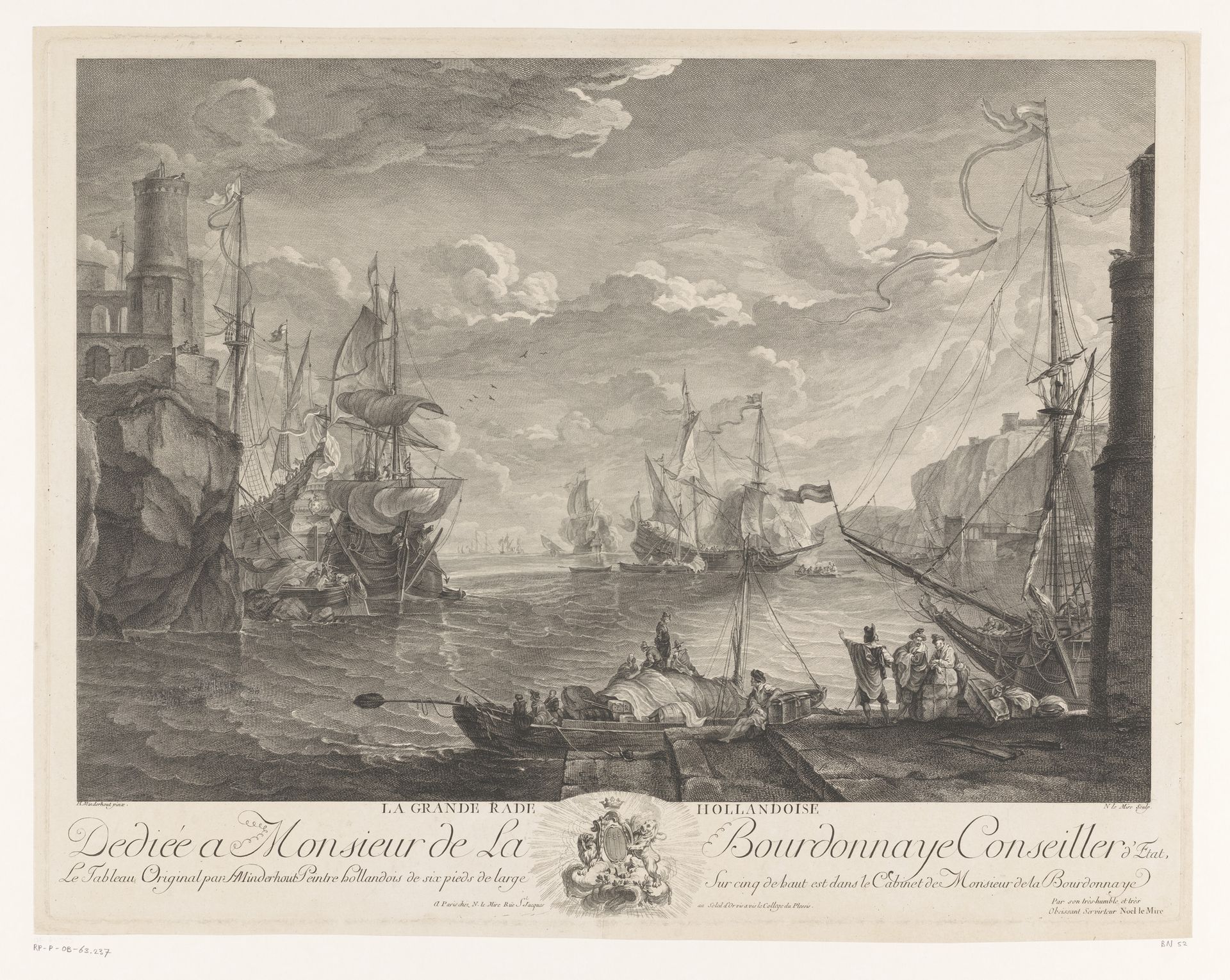 Schepen in een haven aan een rotsachtige kust by Noël Le Mire