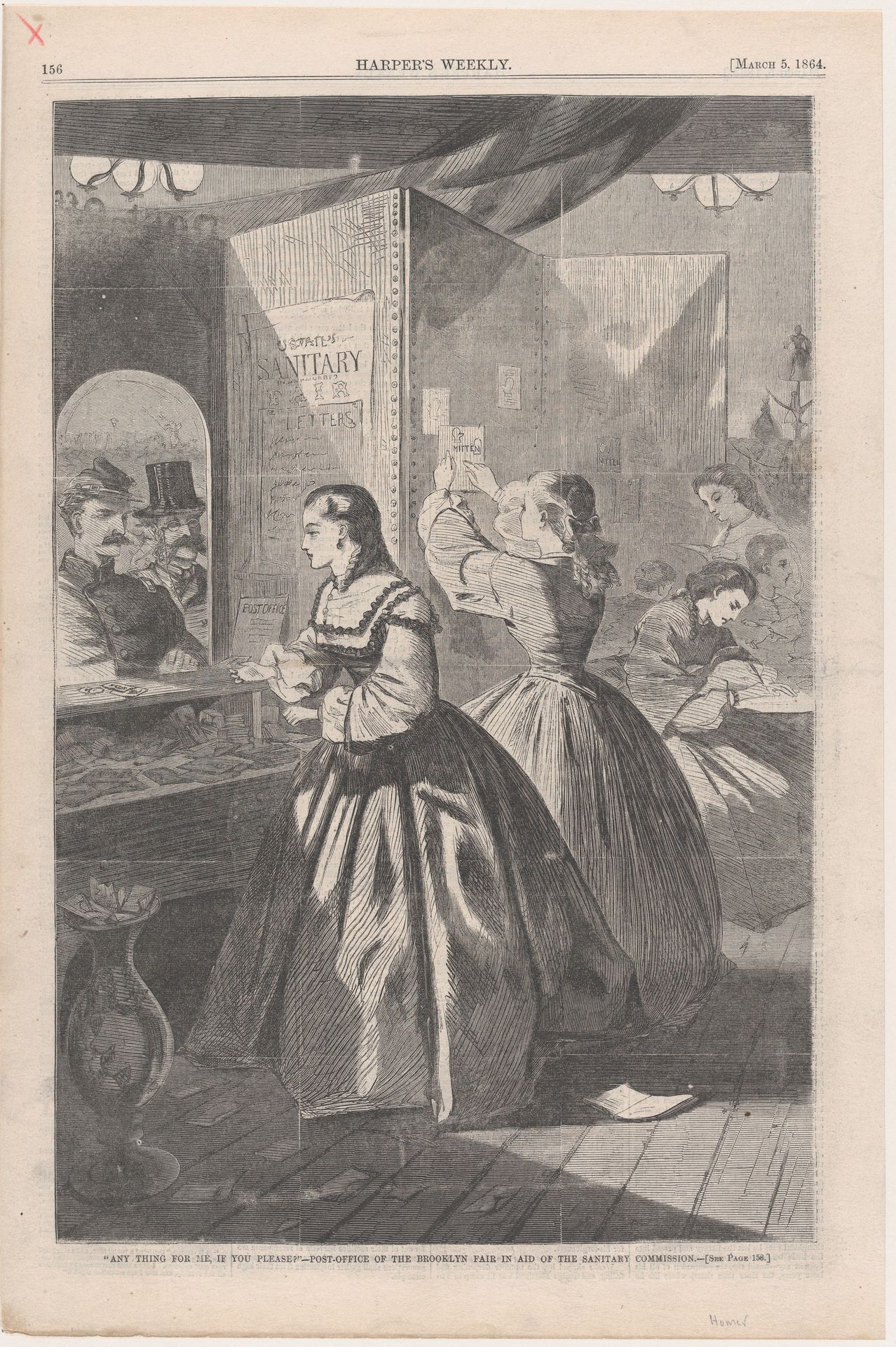 "Any Thing for Me, if you Please?" Post-Office of the Brooklyn Fair in Aid of the Sanitary Commission (from "Harper's Weekly," Vol. VIII) by Winslow Homer