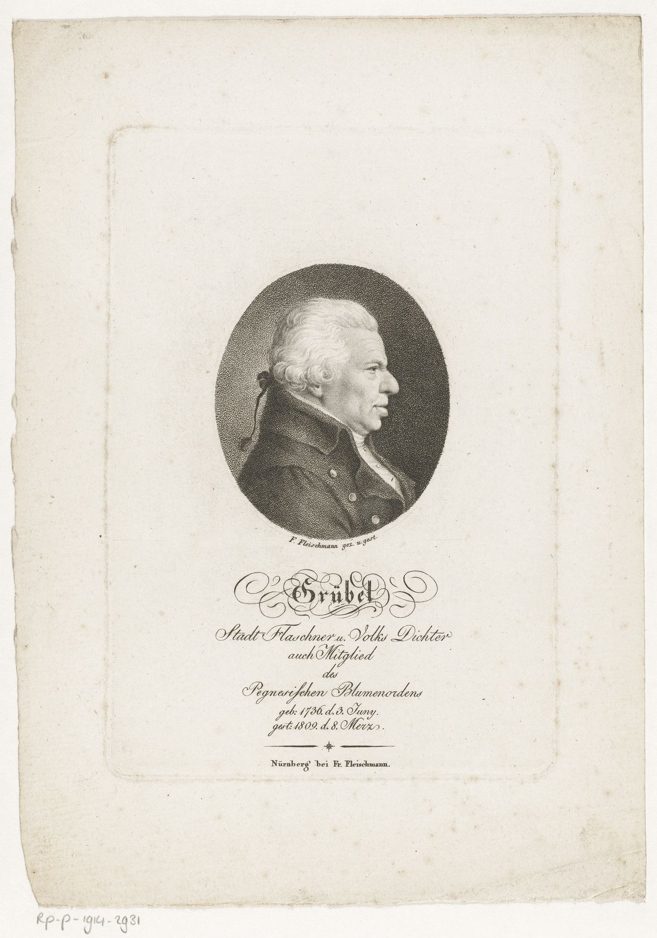 Portret van Johann Conrad Grübel by Friedrich Fleischmann