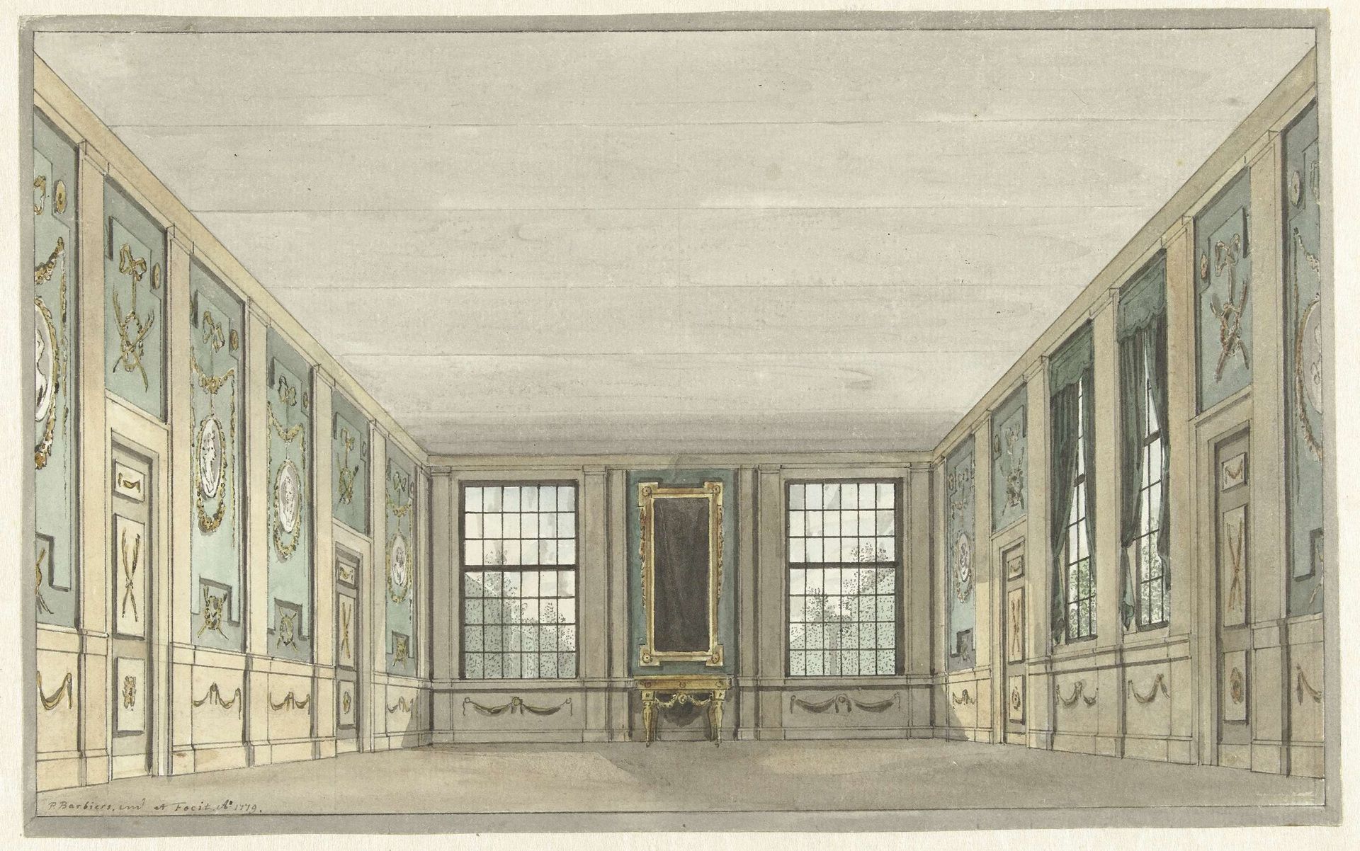 Ontwerp voor een toneeldecor van een interieur by Pieter (I) Barbiers