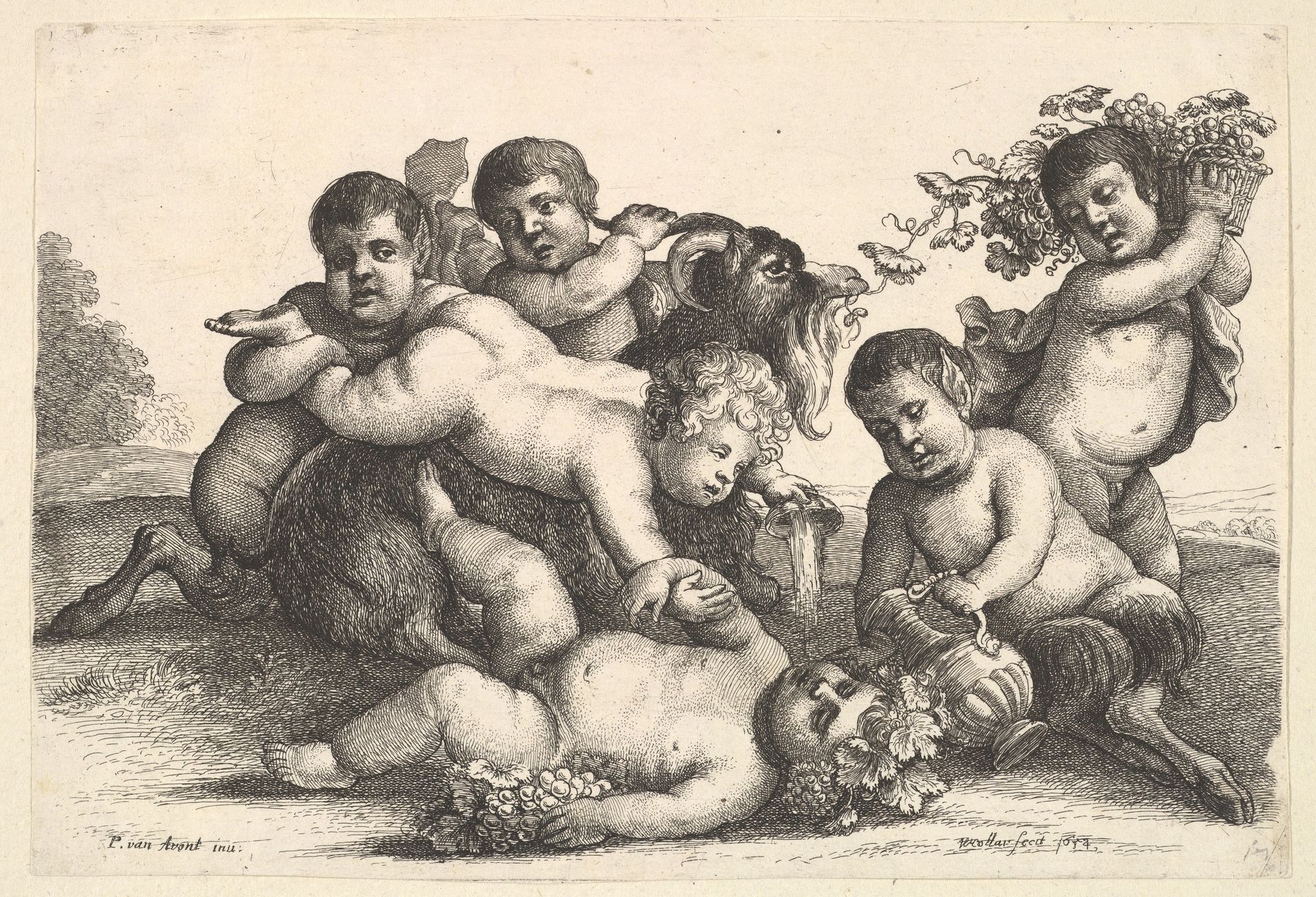 Four boys, two satyrs and a goat by Wenceslaus Hollar