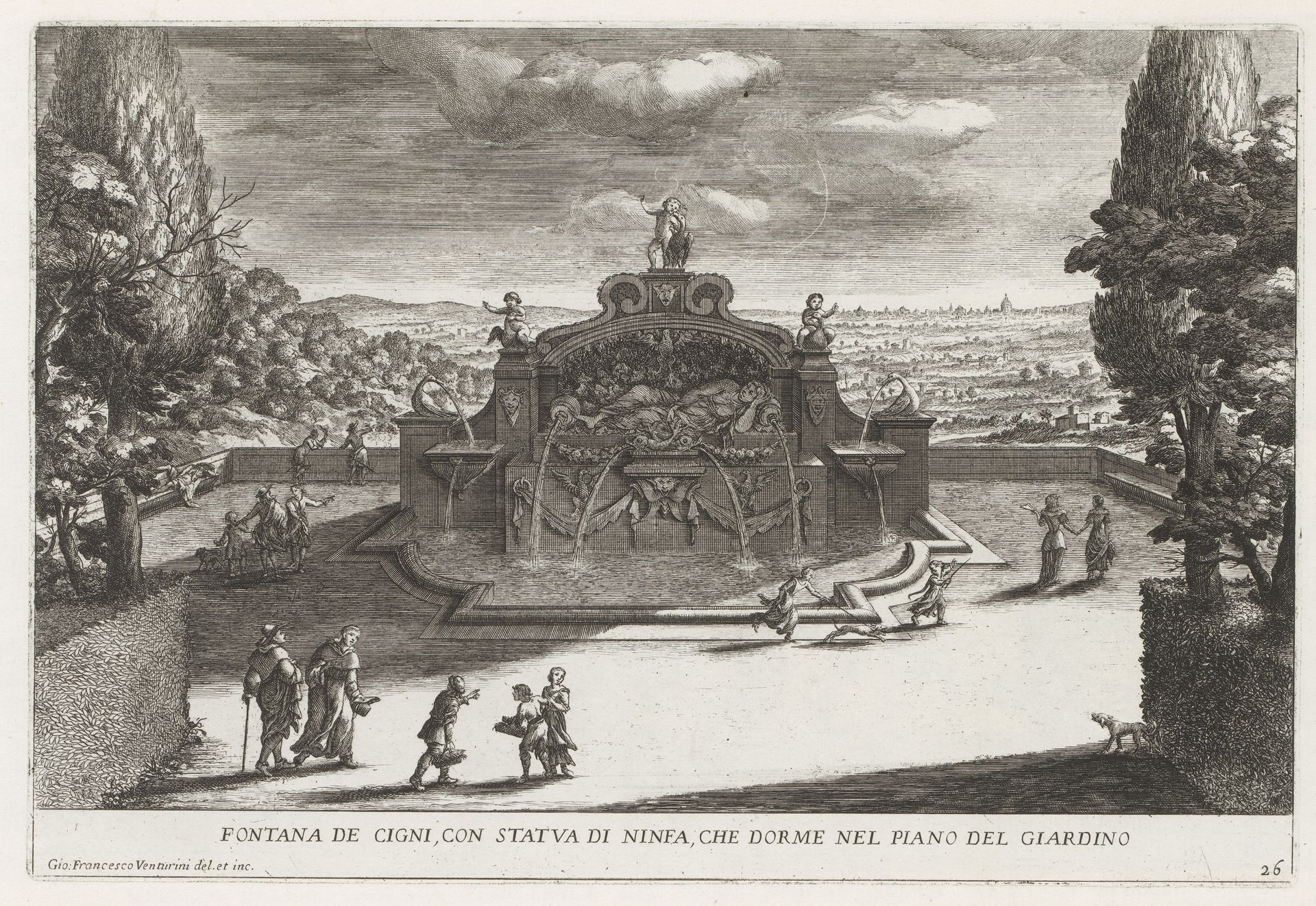 Fontein in de tuinen van de Villa d'Este te Tivoli by Giovanni Francesco Venturini