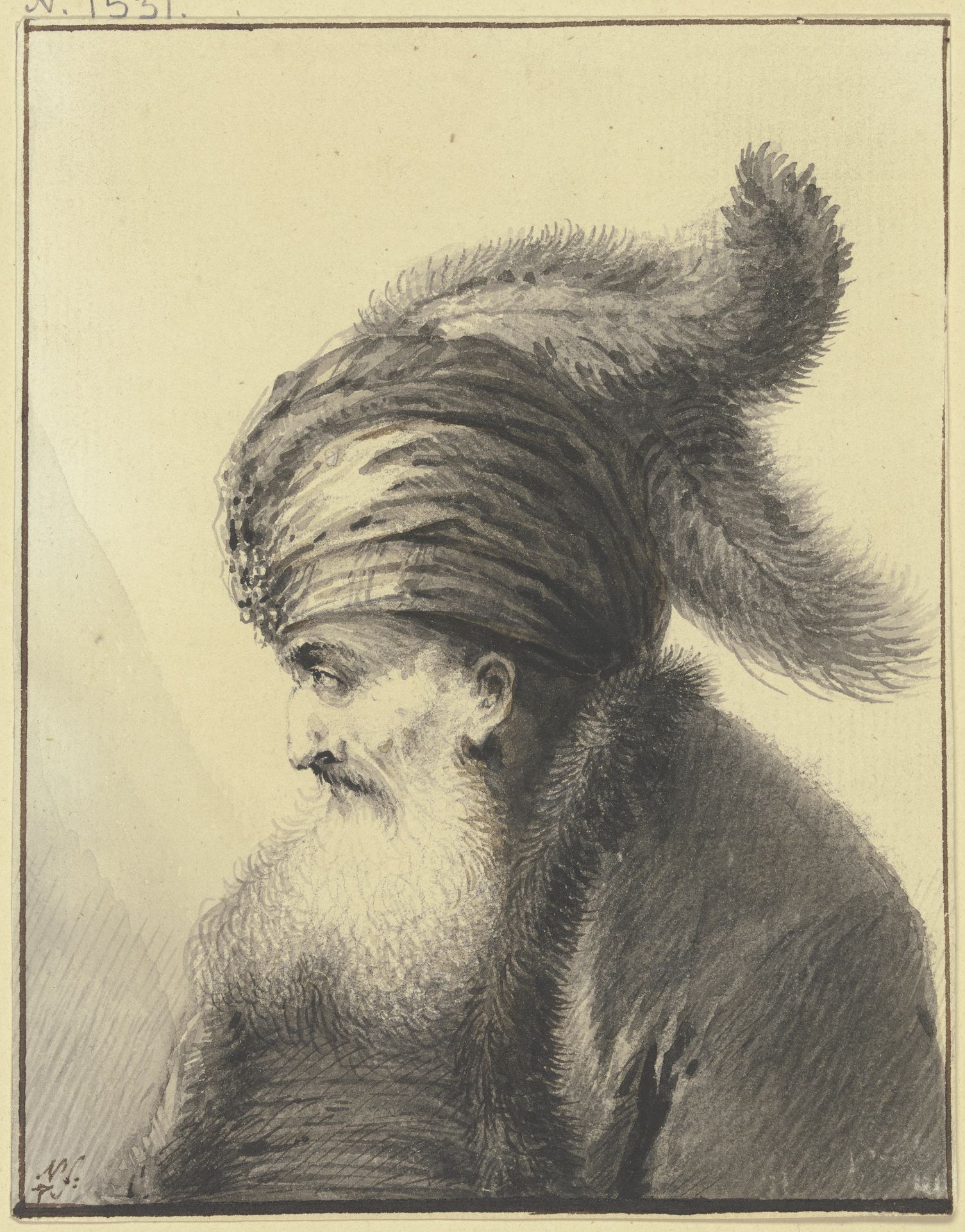 Bärtiger Alter mit Turban mit zwei langen Federn im Profil nach links by Johann Andreas Benjamin Nothnagel