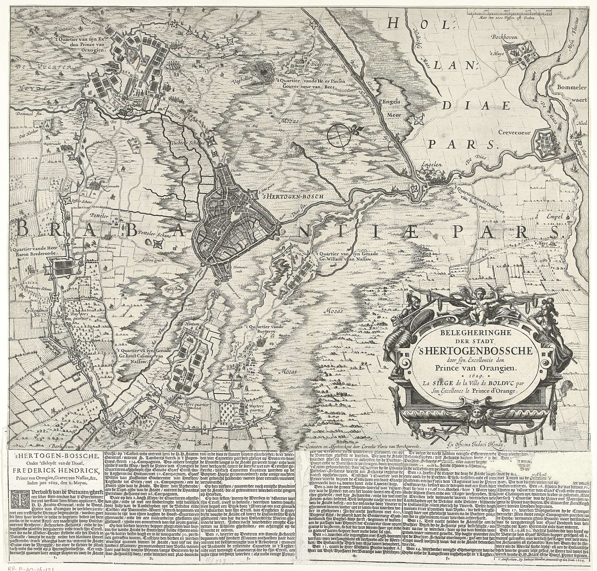 Tekstblad bij de prent van het beleg van Den Bosch door Frederik Hendrik, 1629 by Jodocus (II) Hondius