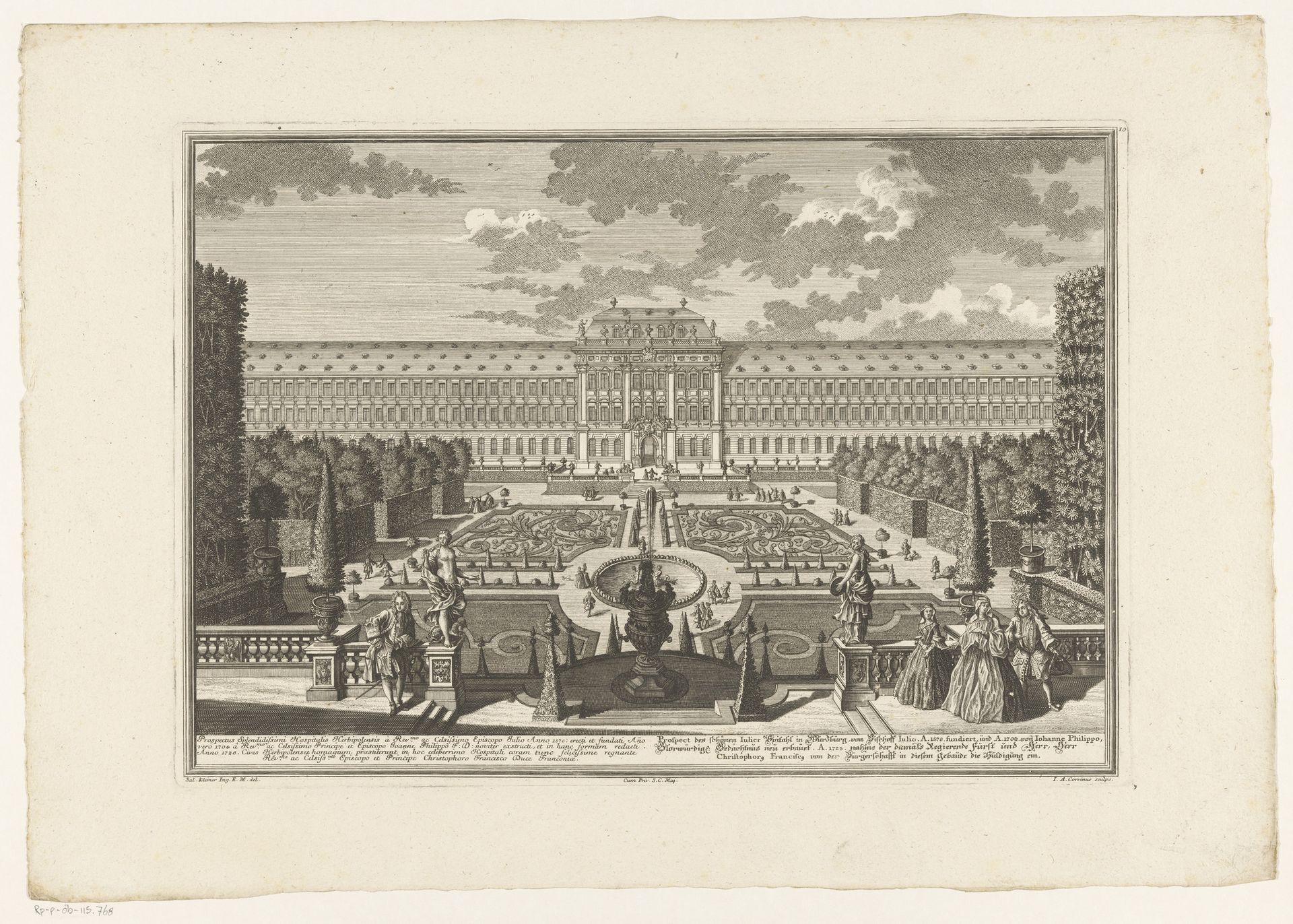 Gezicht op het Juliusspital en diens tuinen in Würzburg by Johann August Corvinus