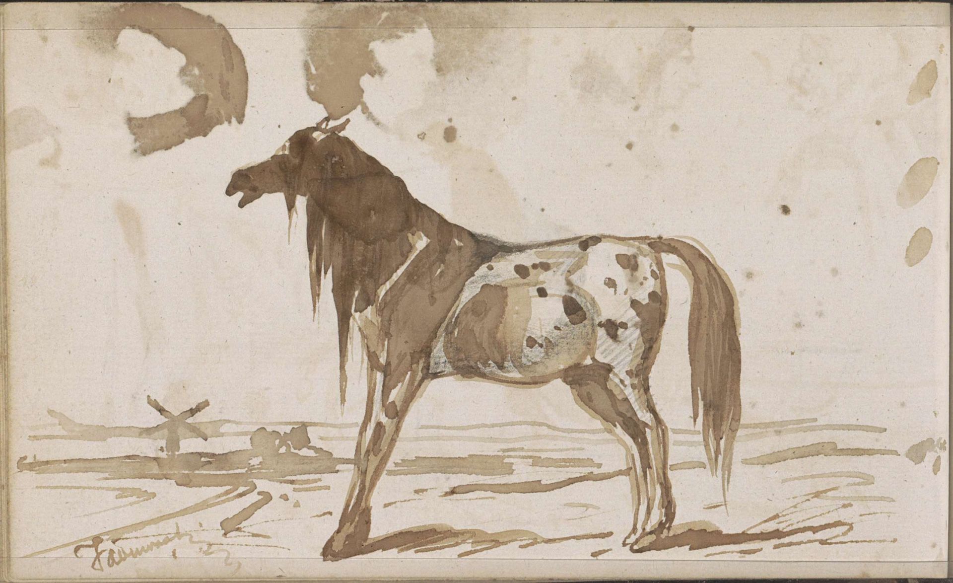 Vlak landschap met een paard by Johannes Tavenraat