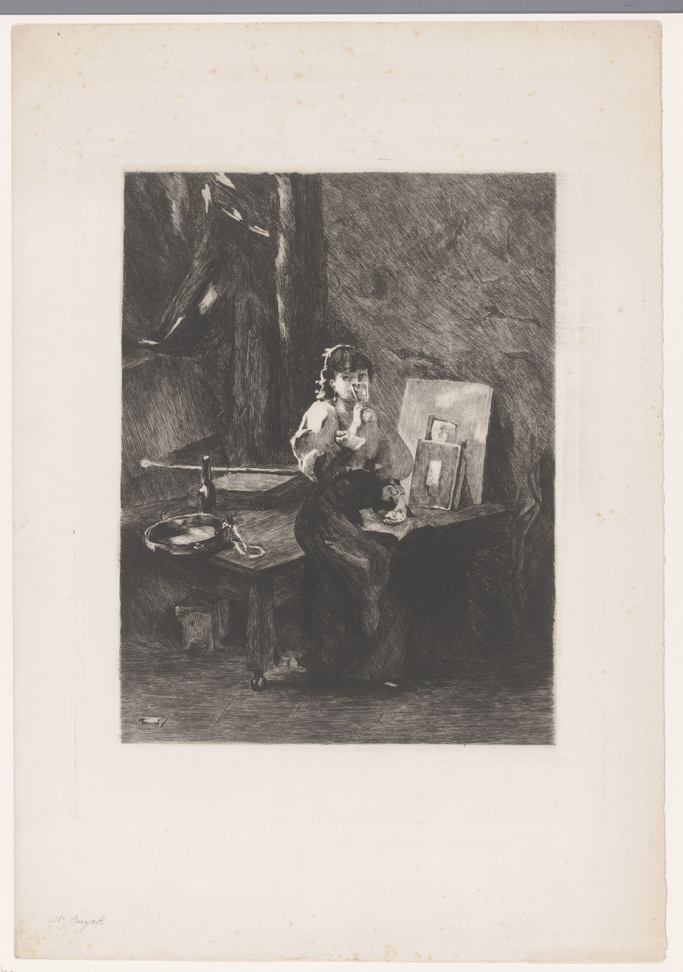 Dame drinkt in een atelier uit een glas by Florimond Buyck