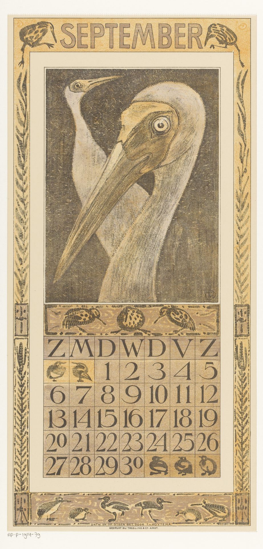Kalenderblad september met twee vogels by Theo van Hoytema