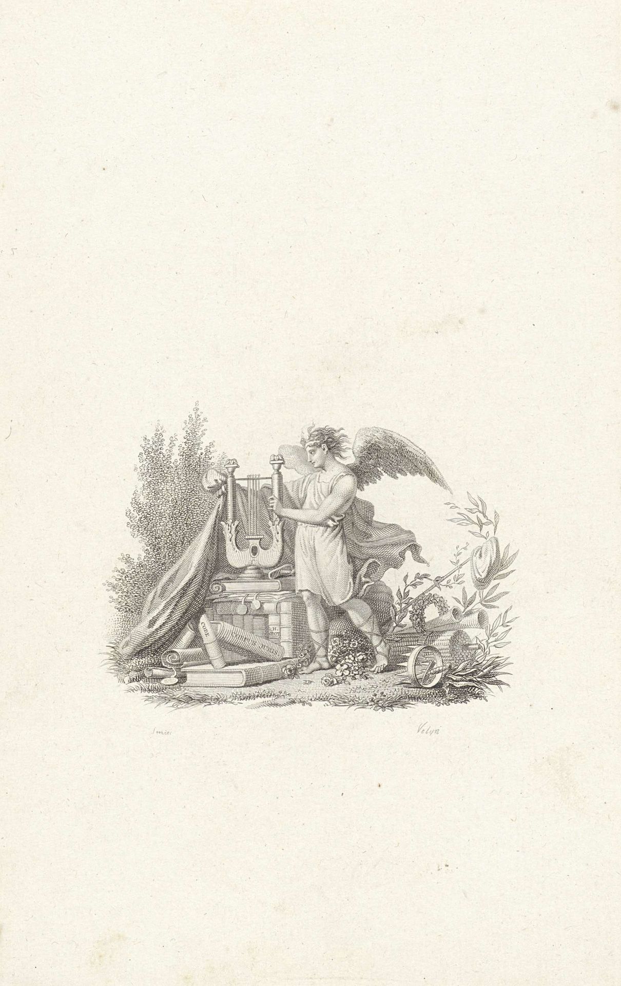 Engel met een lier bij boeken in een landschap by Philippus Velijn