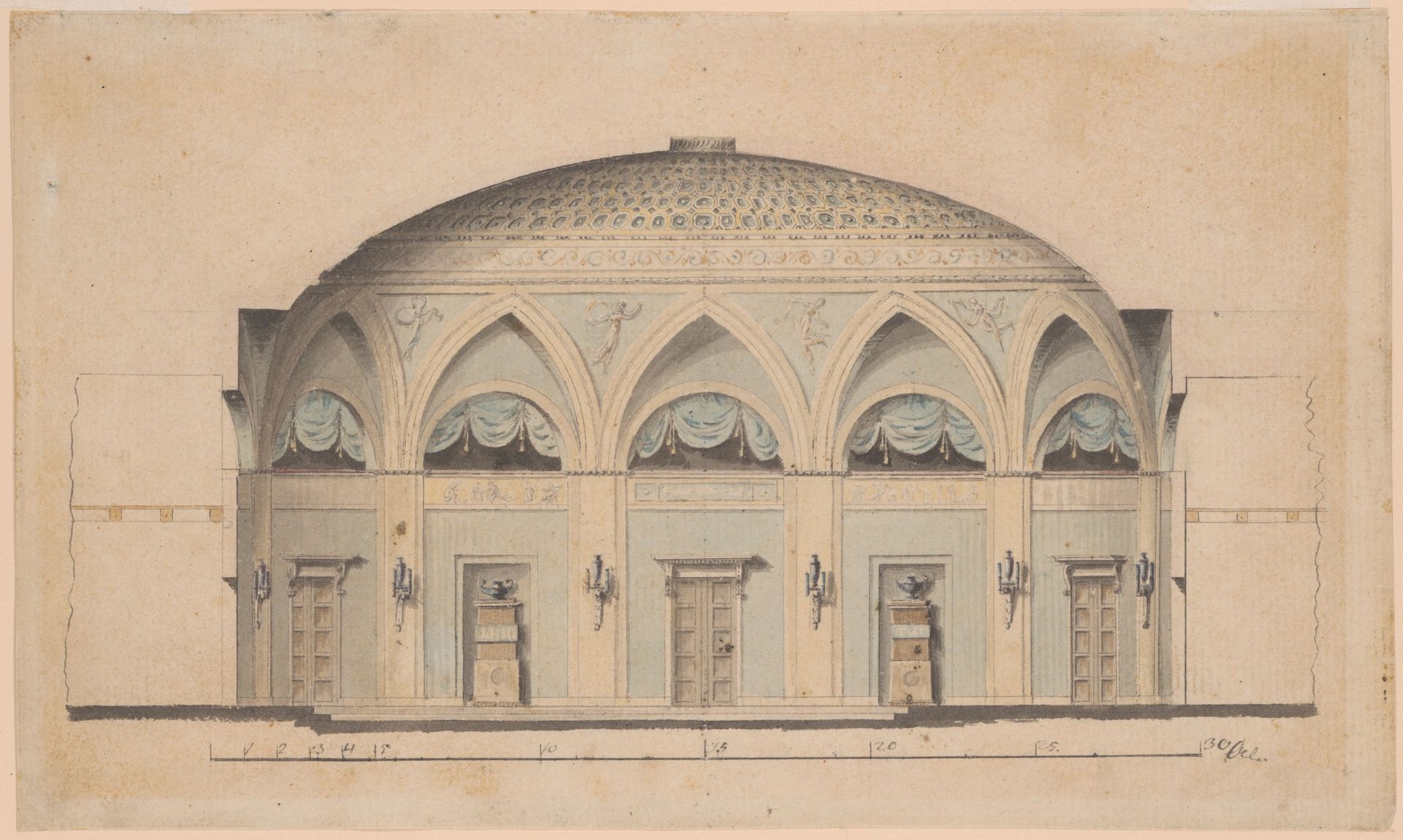 Cross-Section of a Domed Room with Urns and Candelabra by Anonymous
