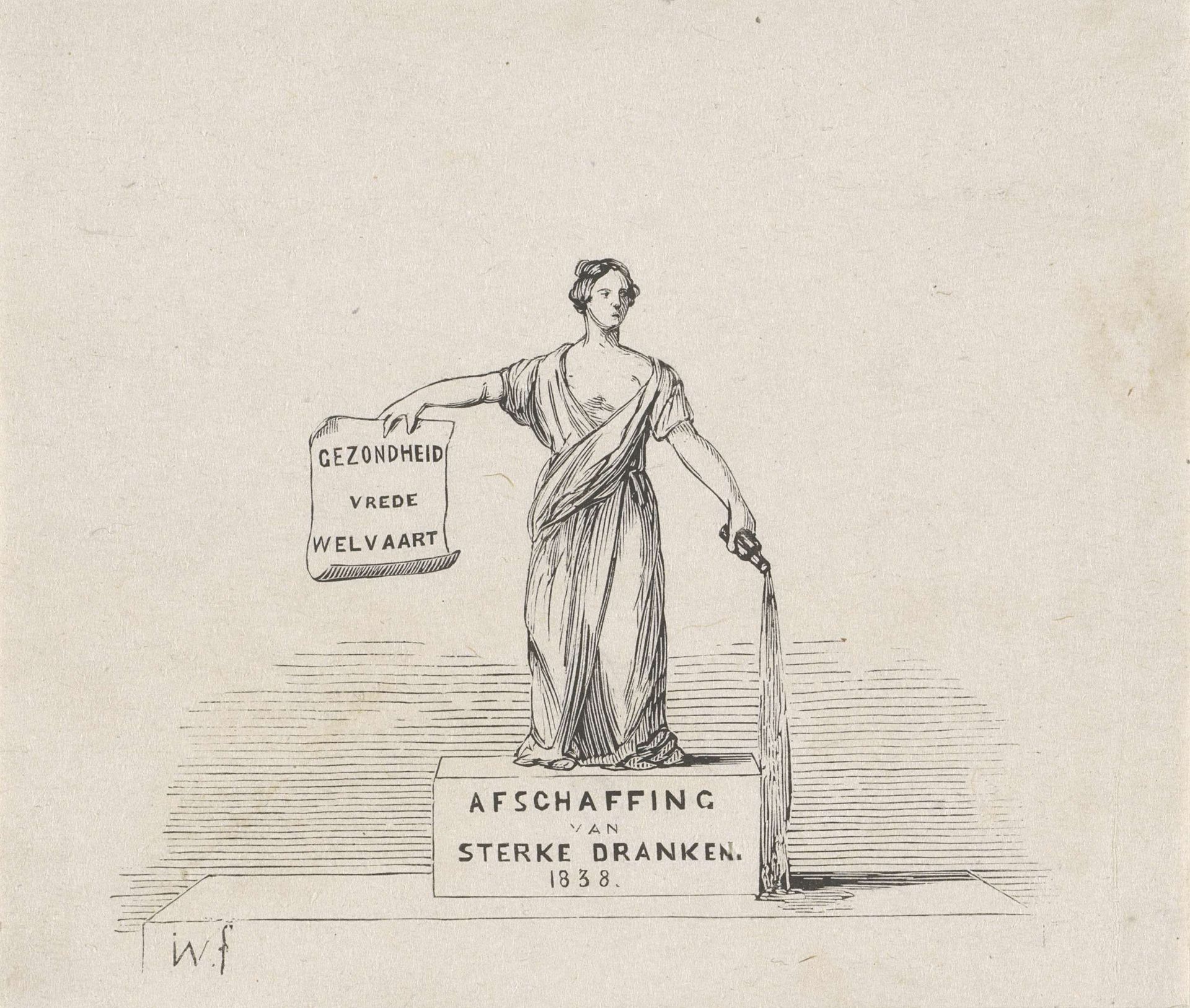 Allegorische vrouwfiguur een fles drank leeggietend en een papier ophoudend met daarop 'gezondheid vrede welvaart' by Isaac Weissenbruch