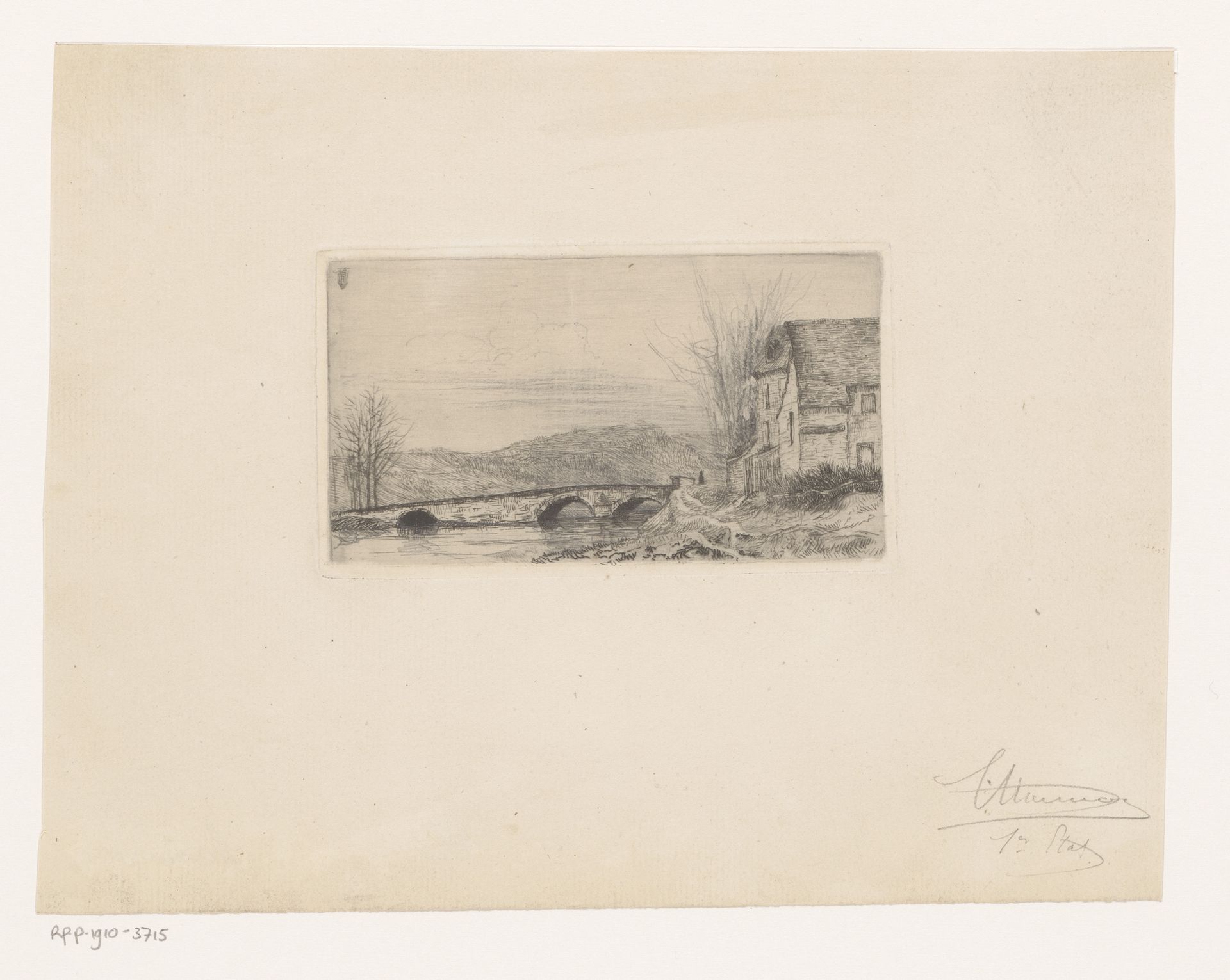 Landschap met brug en een huis by Theodoor Hannon