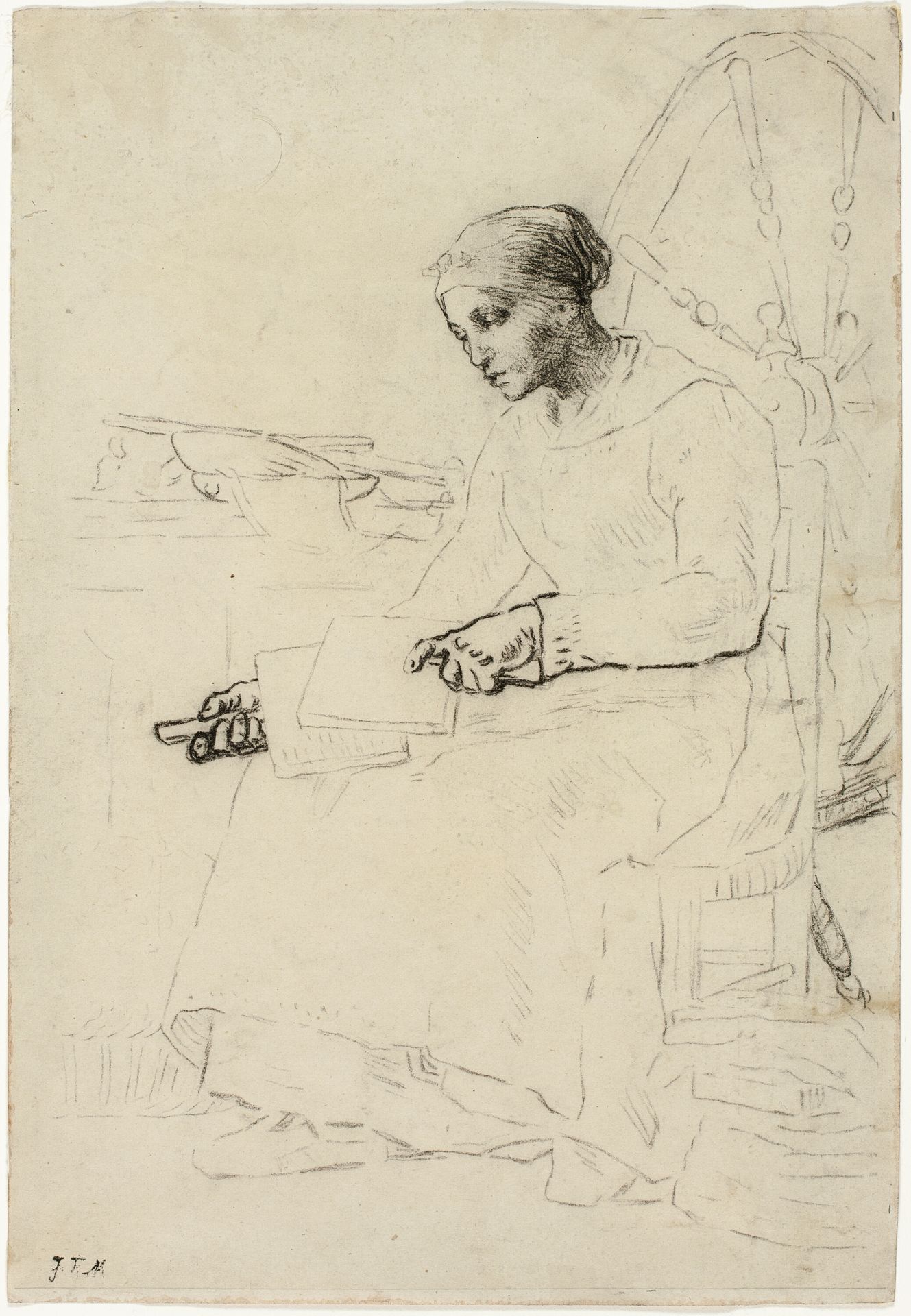The Wool Carder (recto); Fragmentary Sketch of Man Standing by Fence (verso) by Jean-François Millet