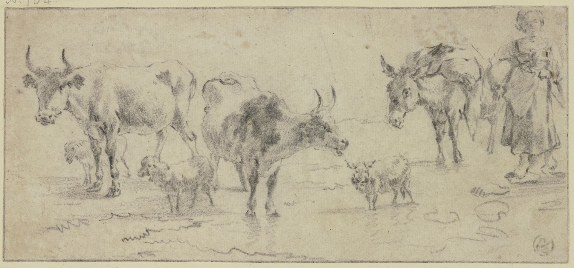 Hirtin bei einem Esel sowie drei Kühen und drei Schafen by Nicolaes Berchem