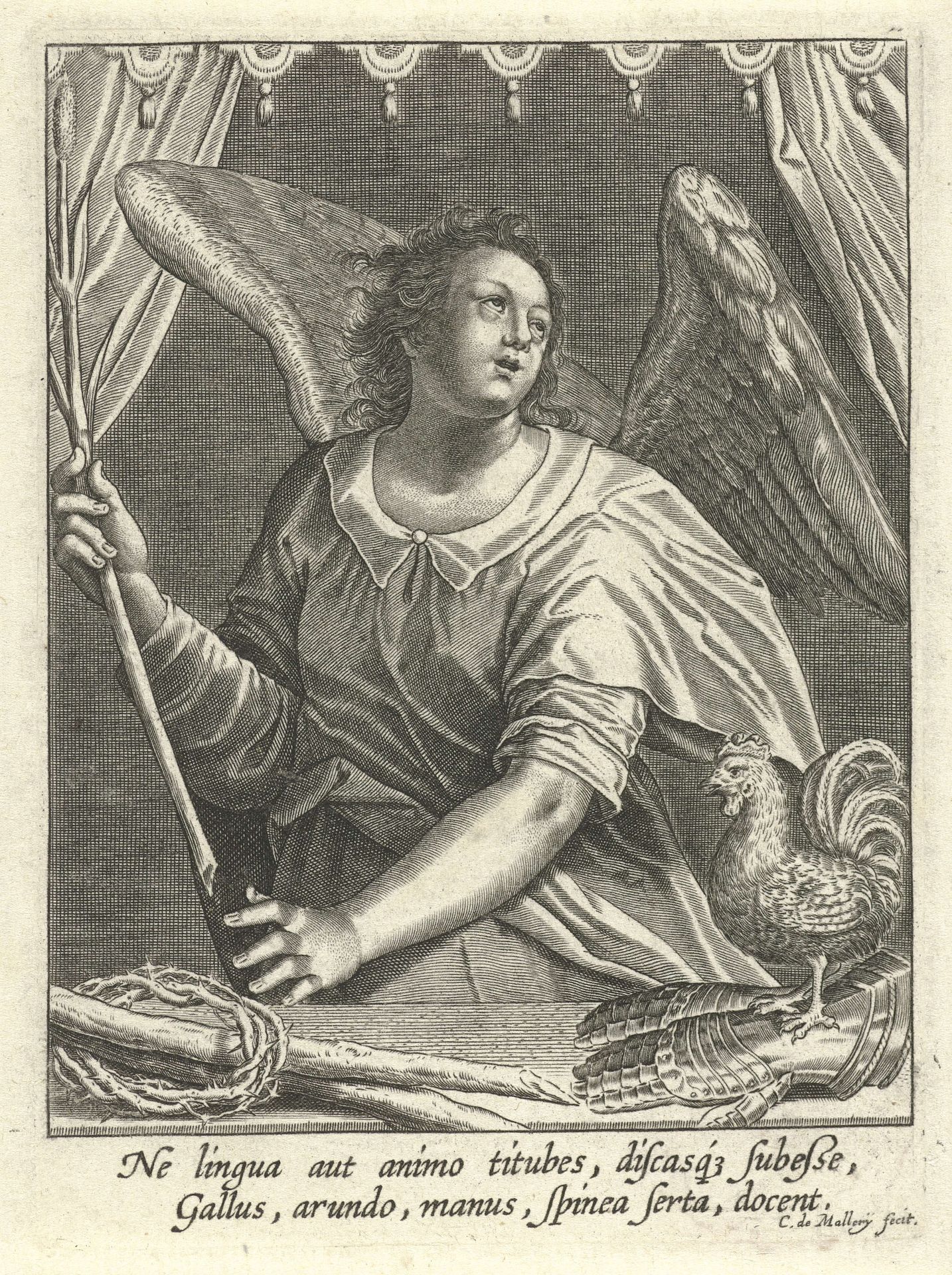 Engel met haan, doornenkroon en rietstengel by Karel van Mallery