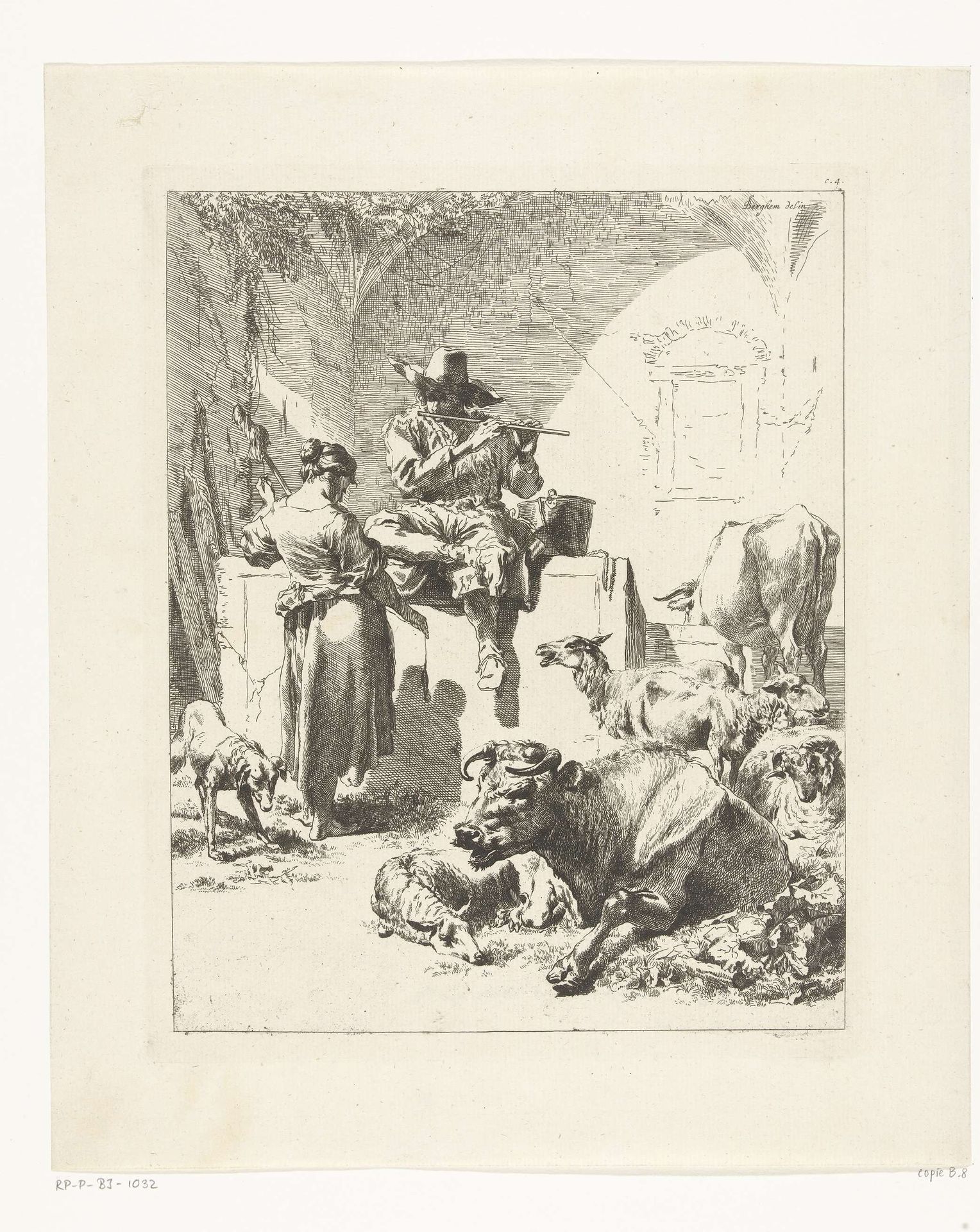 Fluitspelende herder en spinster by Anonymous