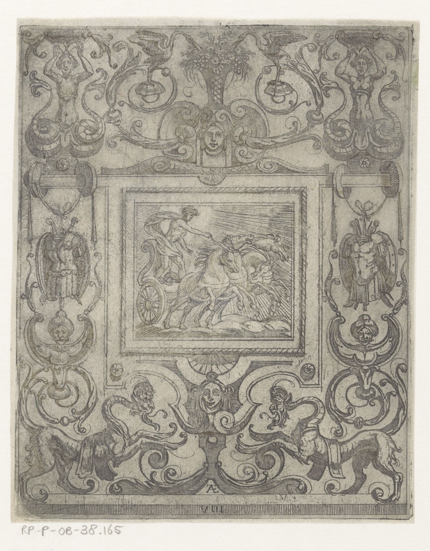 Grotesk ornament met Apollo op zijn zonnewagen in het midden by Antonio Tempesta