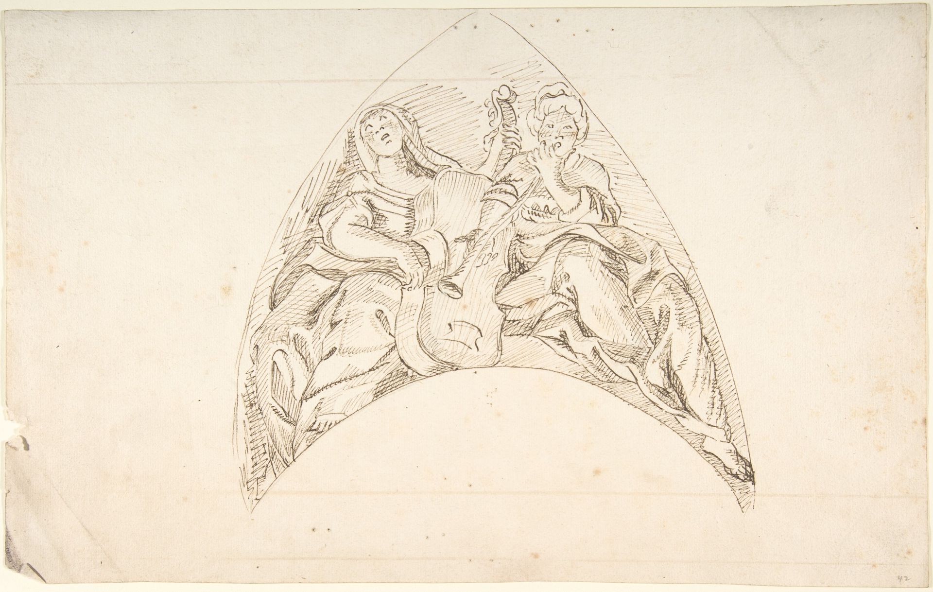 Design for a Pedentive Decoration: two women with musical instruments by Anonymous