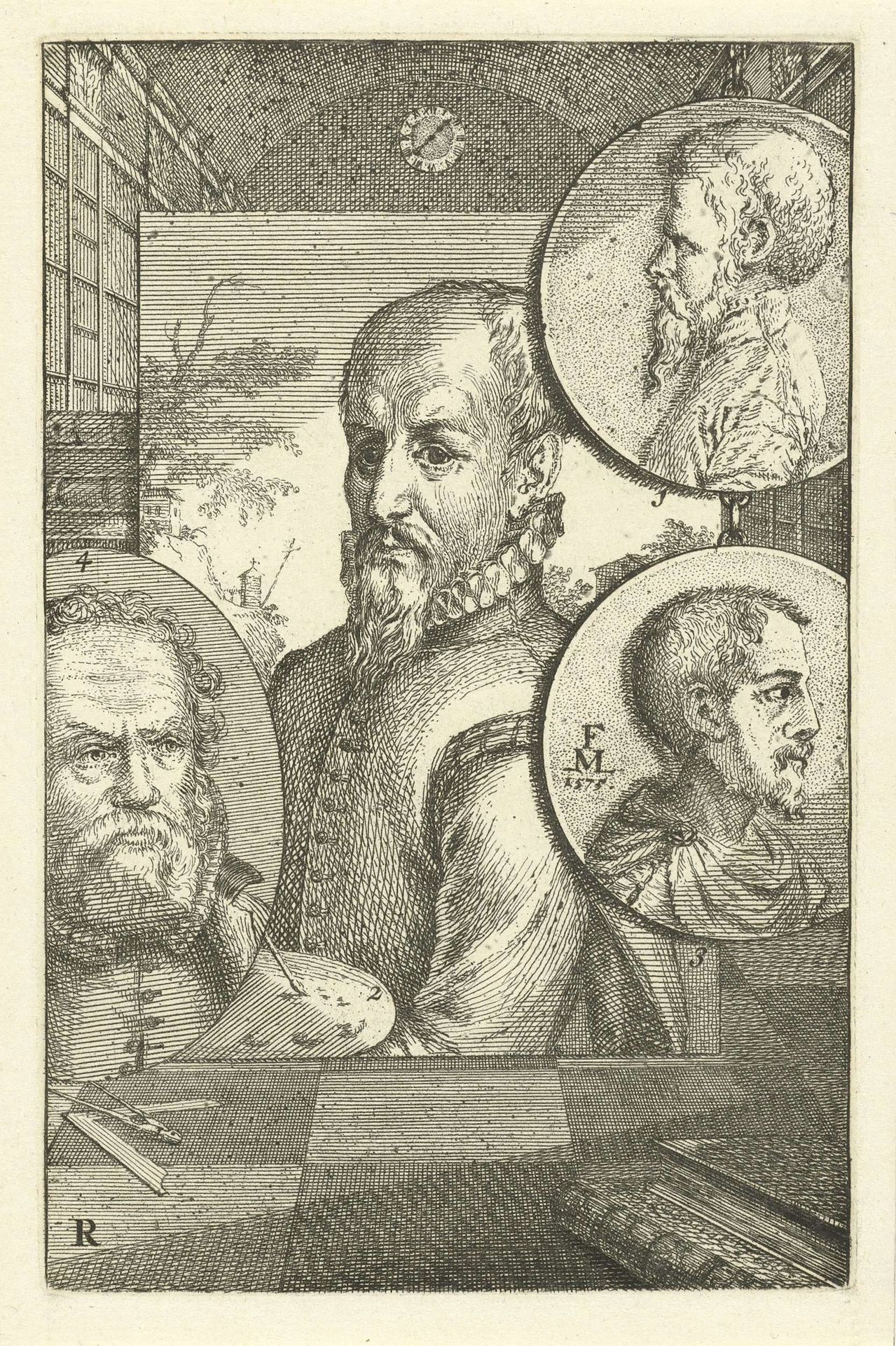 Portretten van Augustin Jorisz. Verburcht, Hendrick van Cleve, Melchior Lorck en Hans Vredeman de Vries by Jan l' Admiral