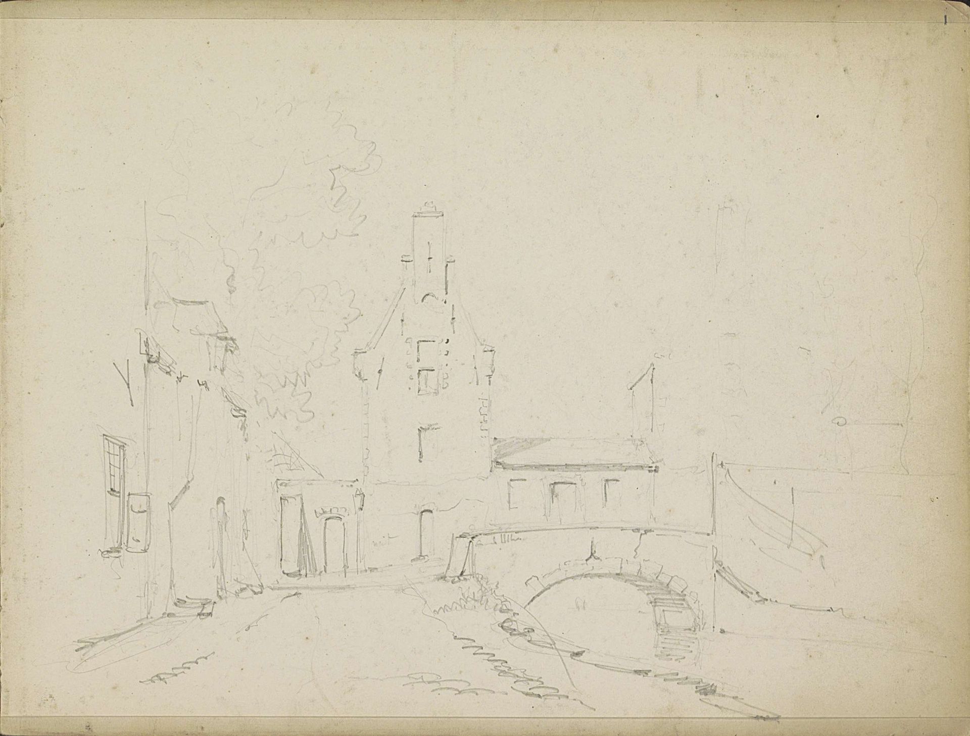 Stadsgezicht met een brug by Adrianus Eversen
