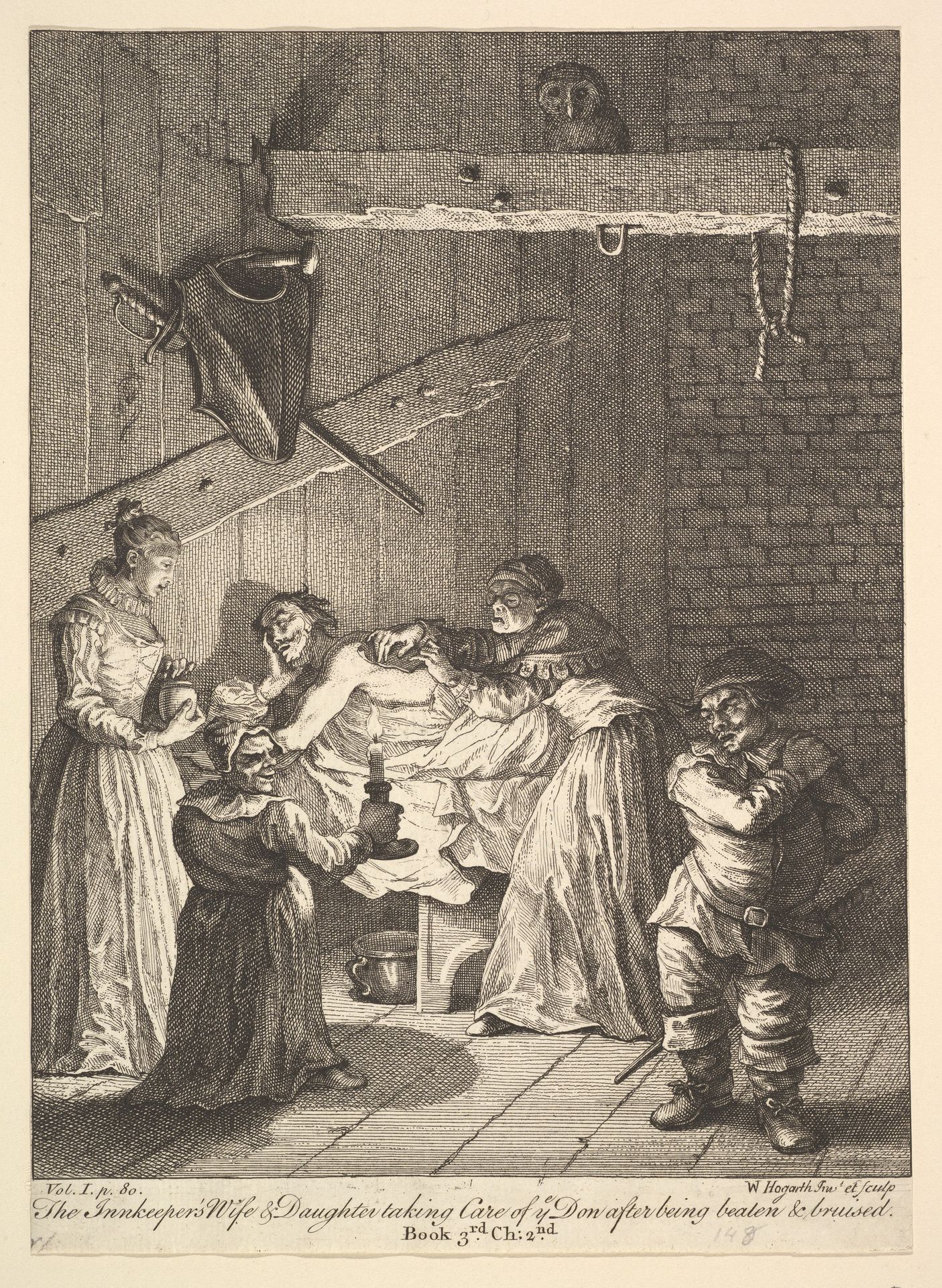 The Innkeeper's Wife & Daughter taking Care of ye Don after being beaten & bruised (Six Illustrations for Don Quixote) by William Hogarth