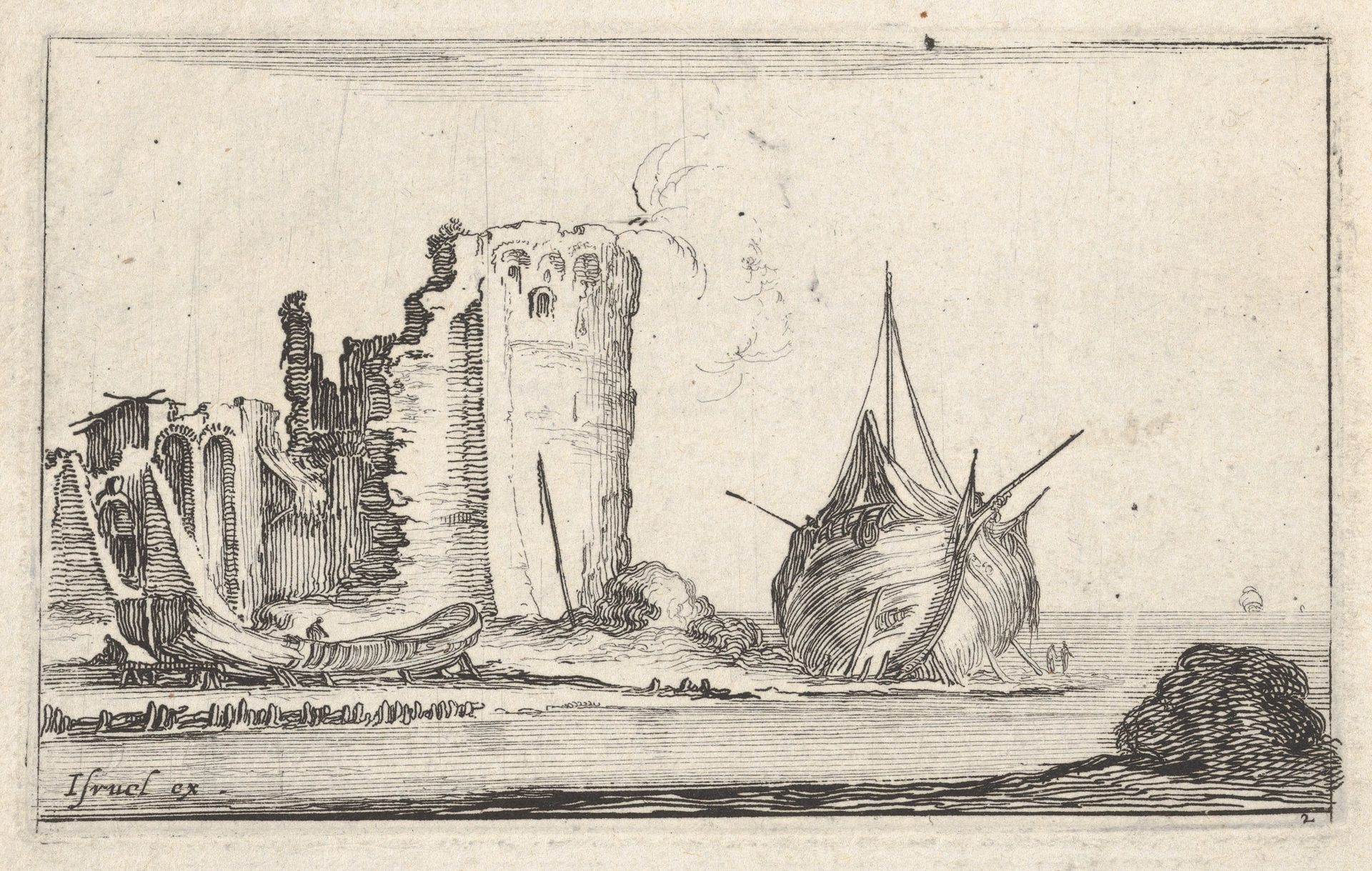 Plate 2: a ship at right and a rowboat at left, washed up on shore, a tower in ruins behind to left, from 'Caprice faict par de la Bella' by Stefano della Bella