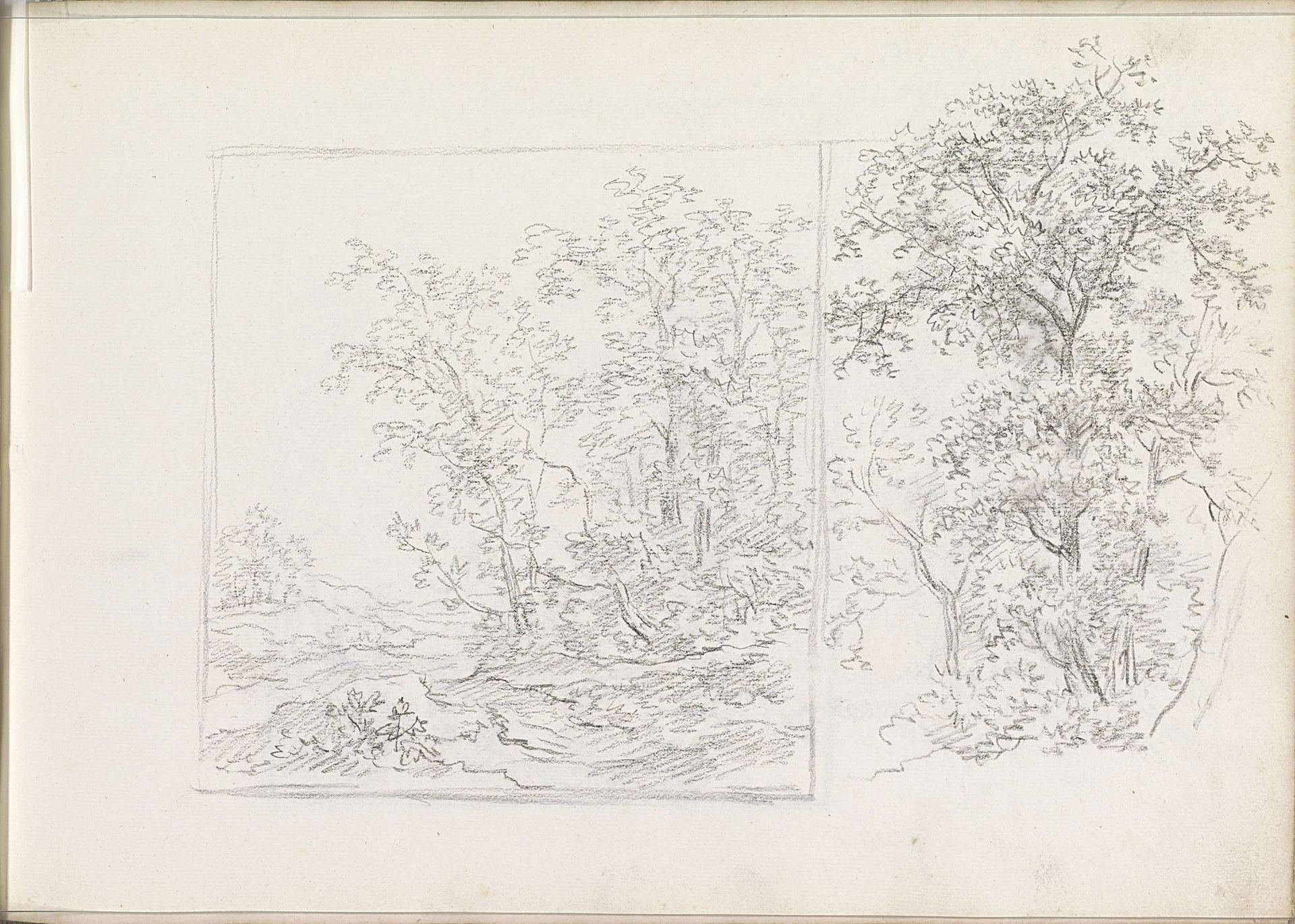Bomengroep en een heuvellandschap met bomen by Andreas Schelfhout