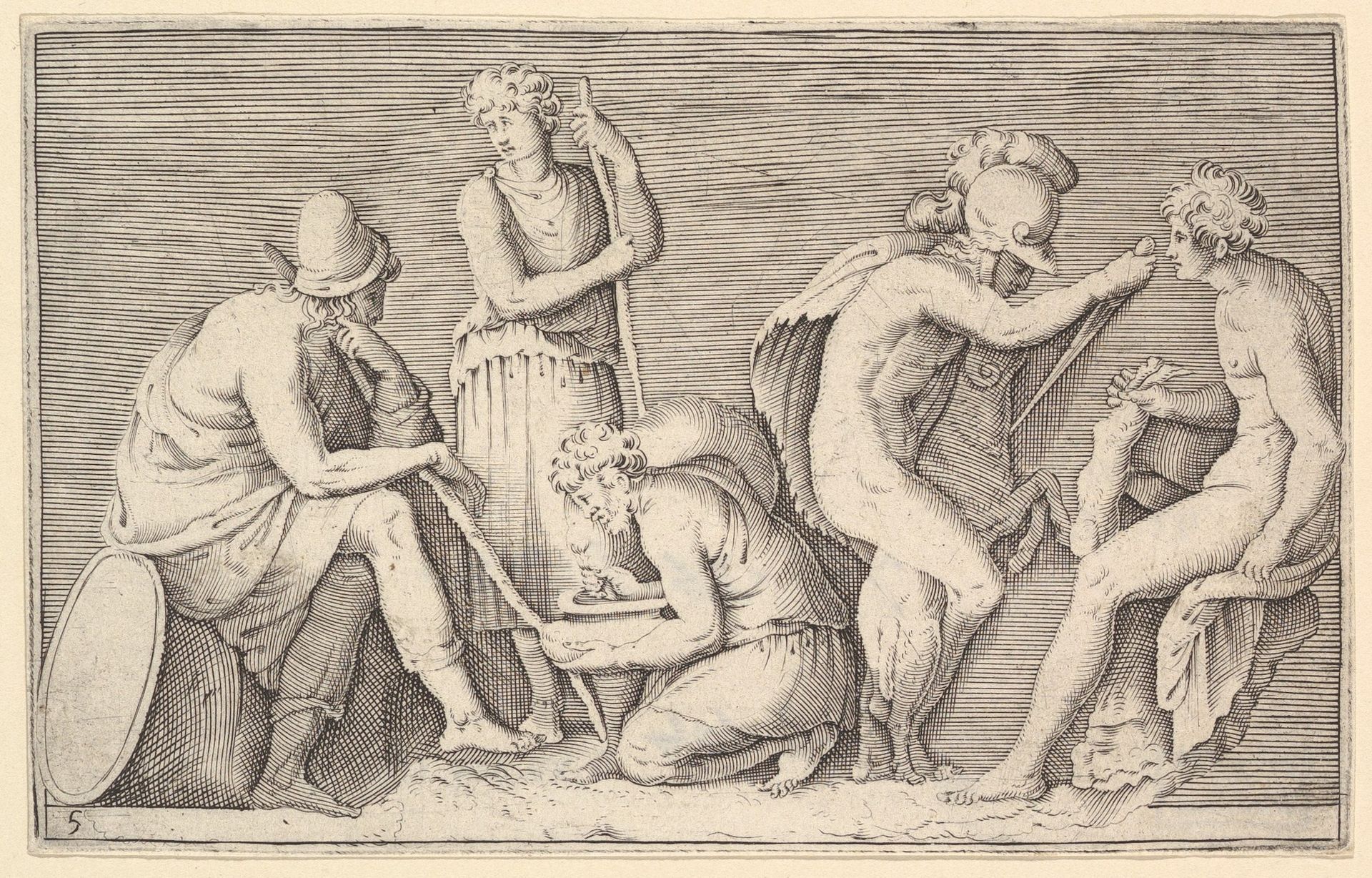 Scene of Sacrifice with Warrior Killing Ram and Four Other Figures, from "Ex Antiquis Cameorum et Gemmae Delineata/ Liber Secundus/et ab Enea Vico Parmen Incis" by Anonymous
