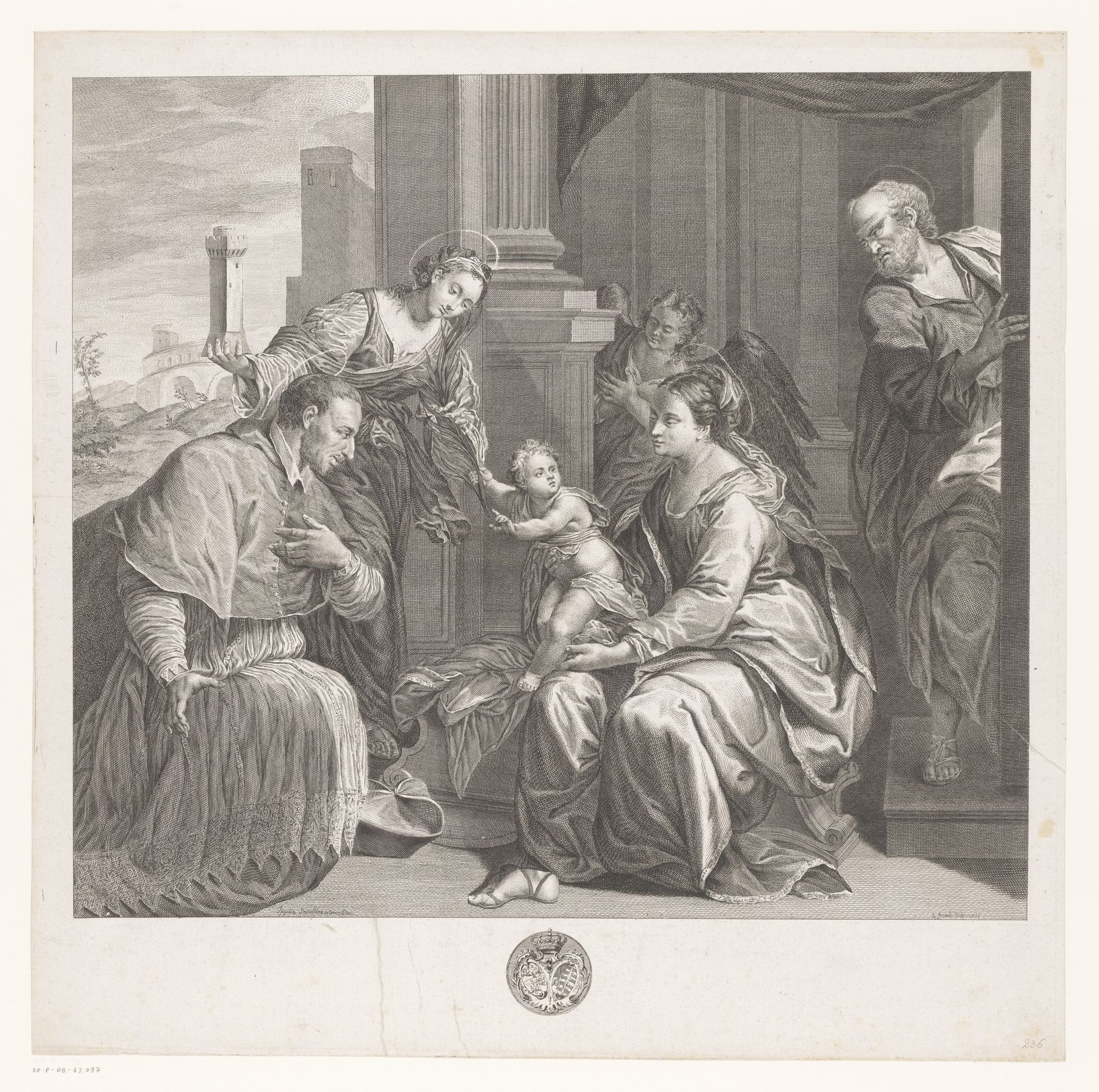 Maria en Kind aanbeden door Carolus Borromeus en de H. Barbara by Etienne Fessard