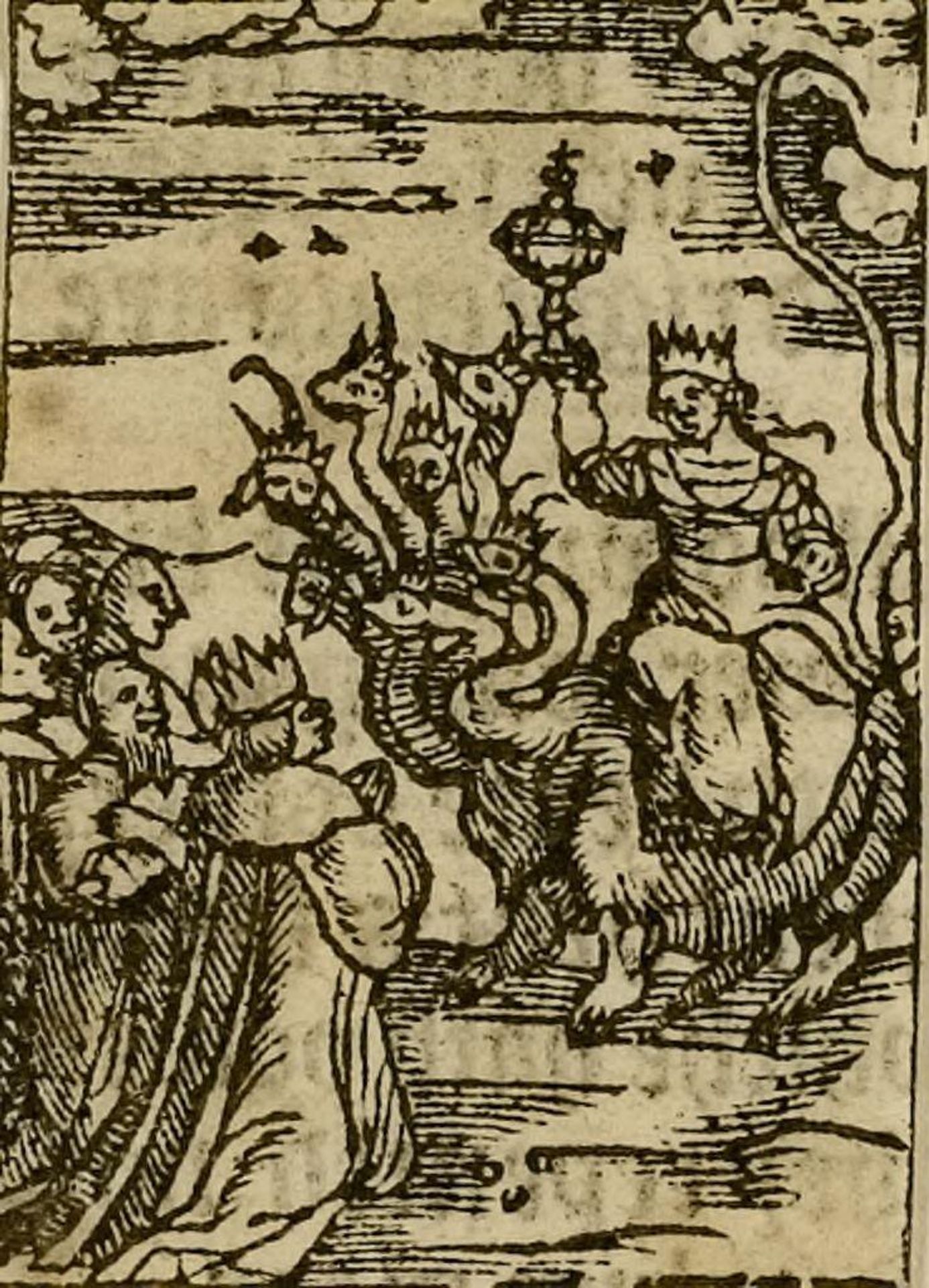 Illustration LIX: the 17th figure: John is shown the woman, Babylon, arrayed in purple and scarlet sitting upon the beast (Revelation 17). by Anonymous