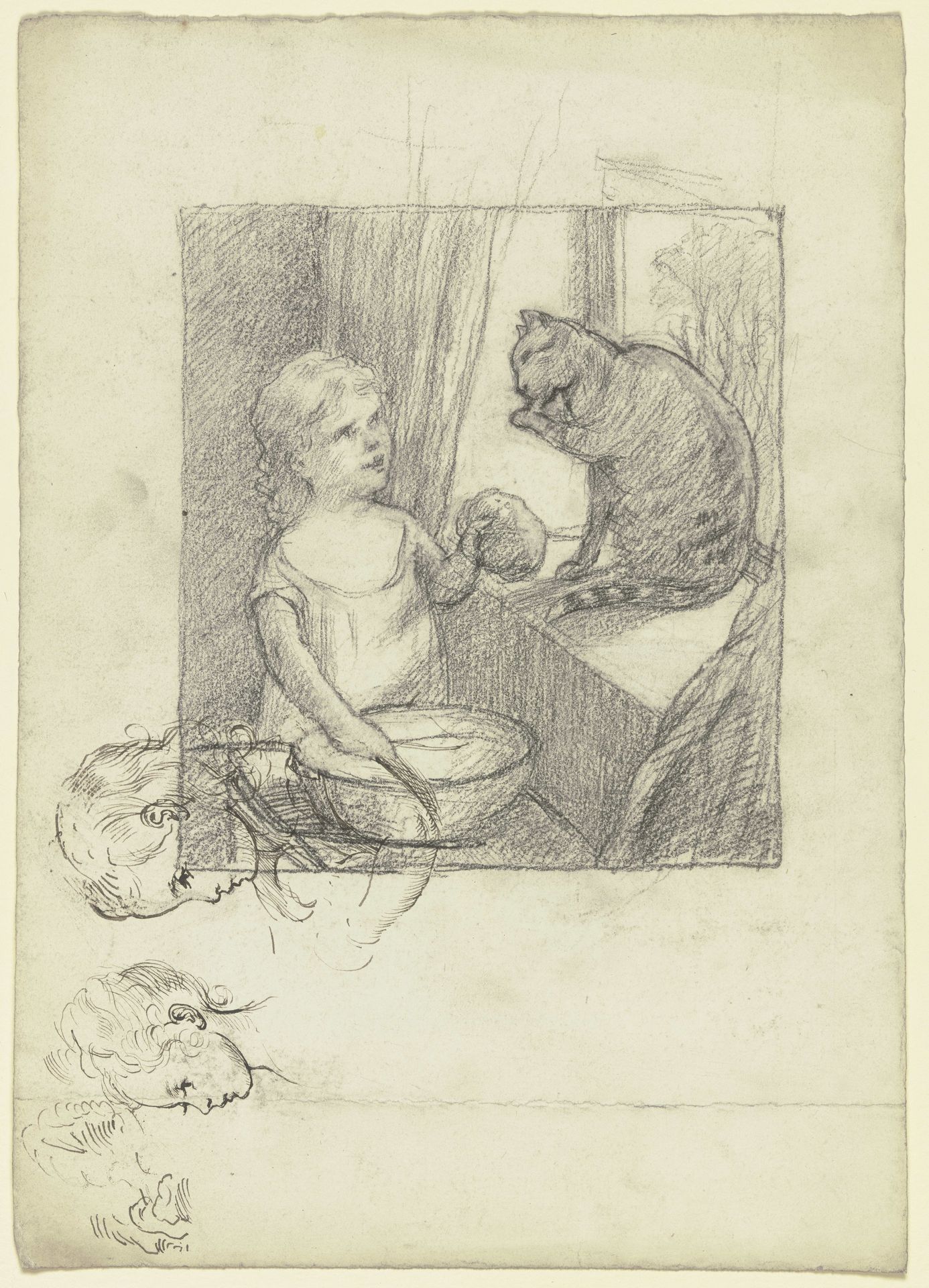 _Katzenwäsche_, dabei Studien eines Kinderkopfes im Profil nach links by Otto Scholderer