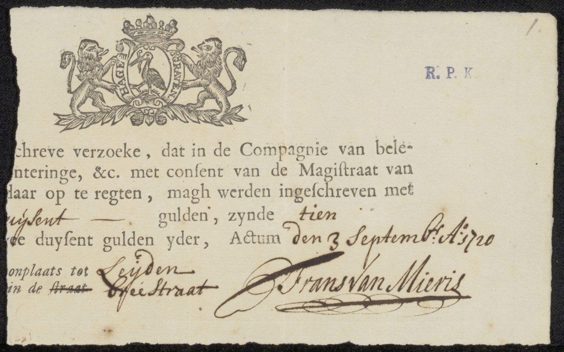 Inschrijvingsbiljet van Frans van Mieris (II) by Frans van (II) Mieris