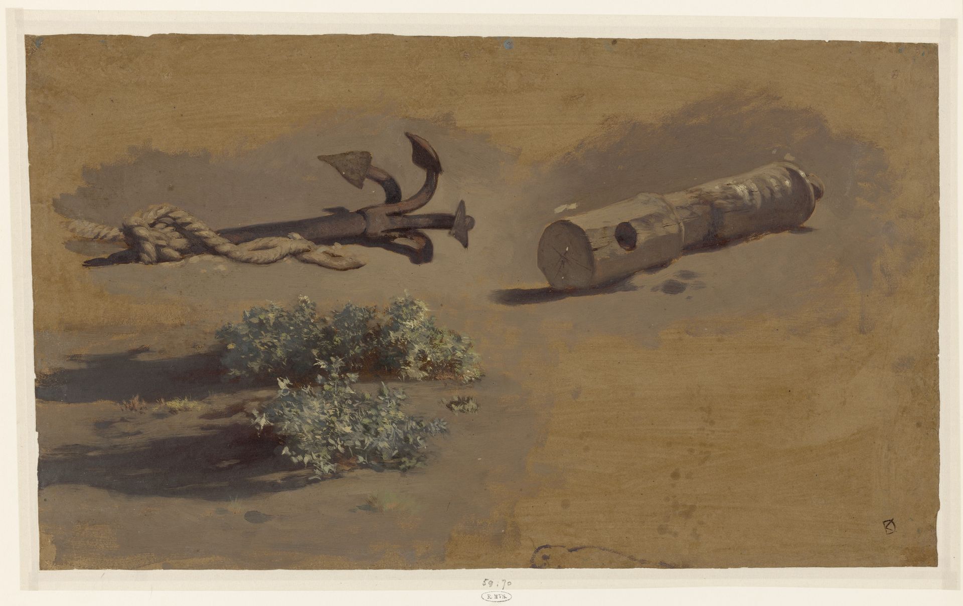 Studie van een anker, deel van een scheepsmast en struiken by Johan Daniël Koelman