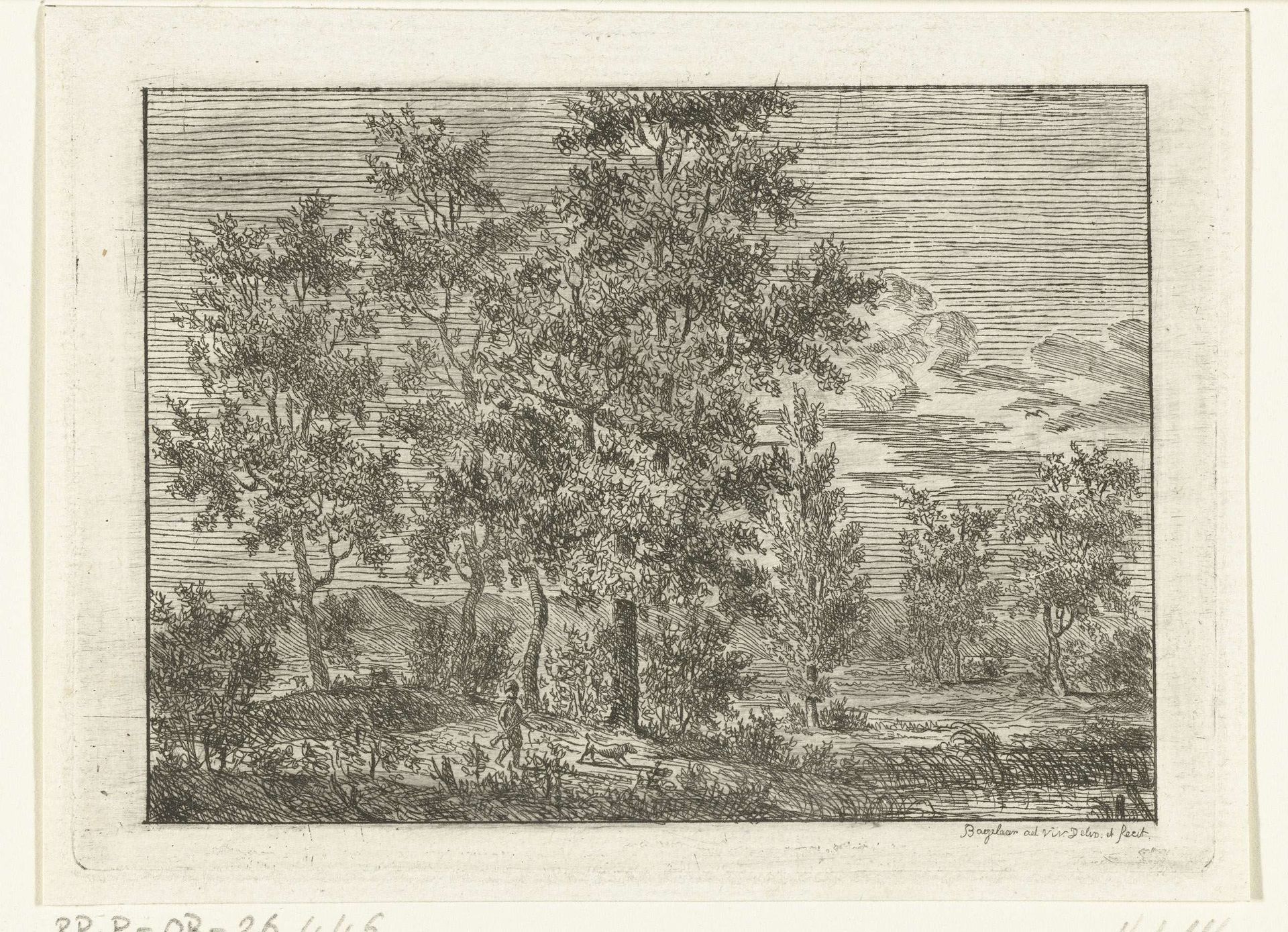 Landschap met jager en hond by Ernst Willem Jan Bagelaar