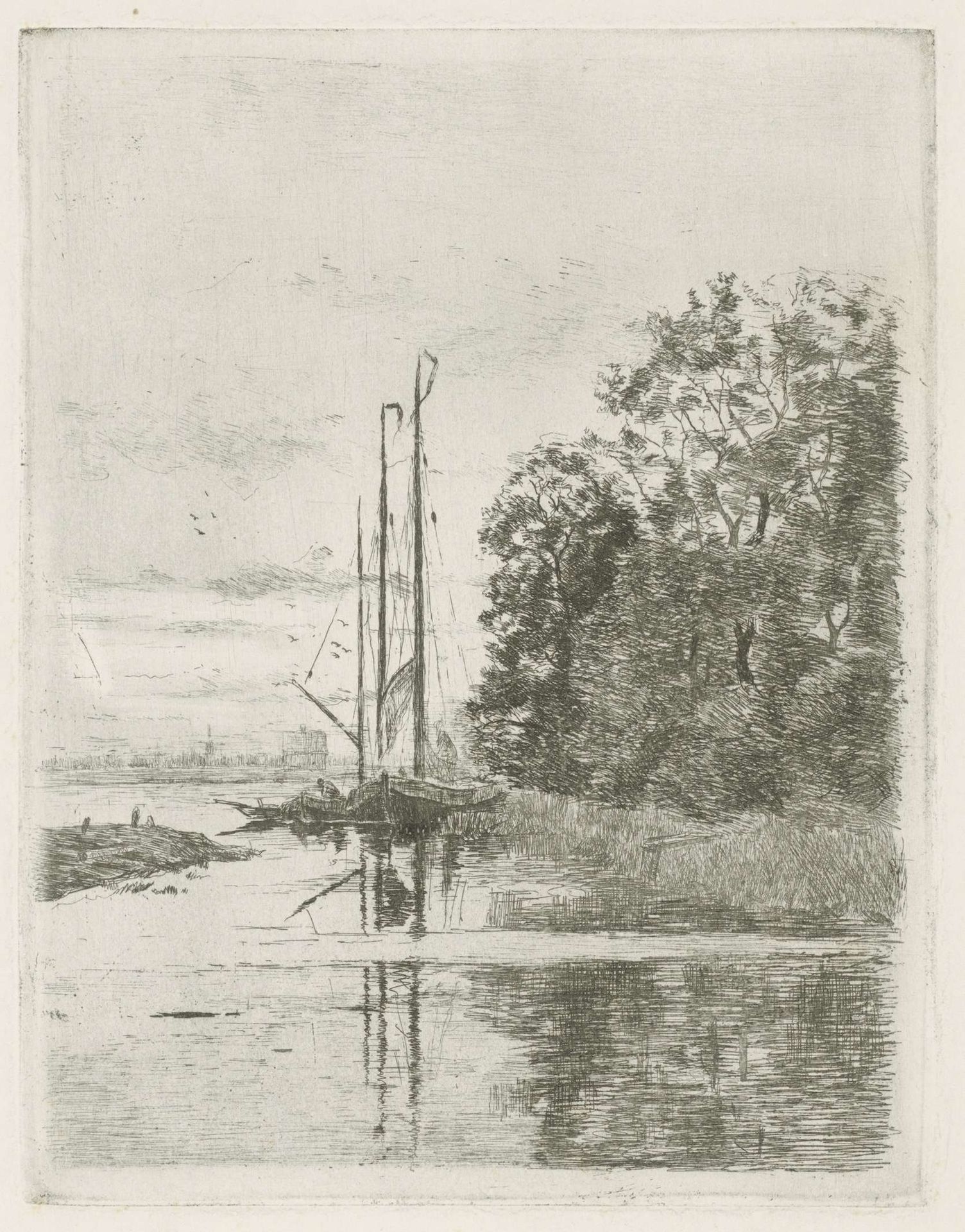 Riviergezicht met twee schepen en een schuit. by Fredericus Jacobus van Rossum du Chattel