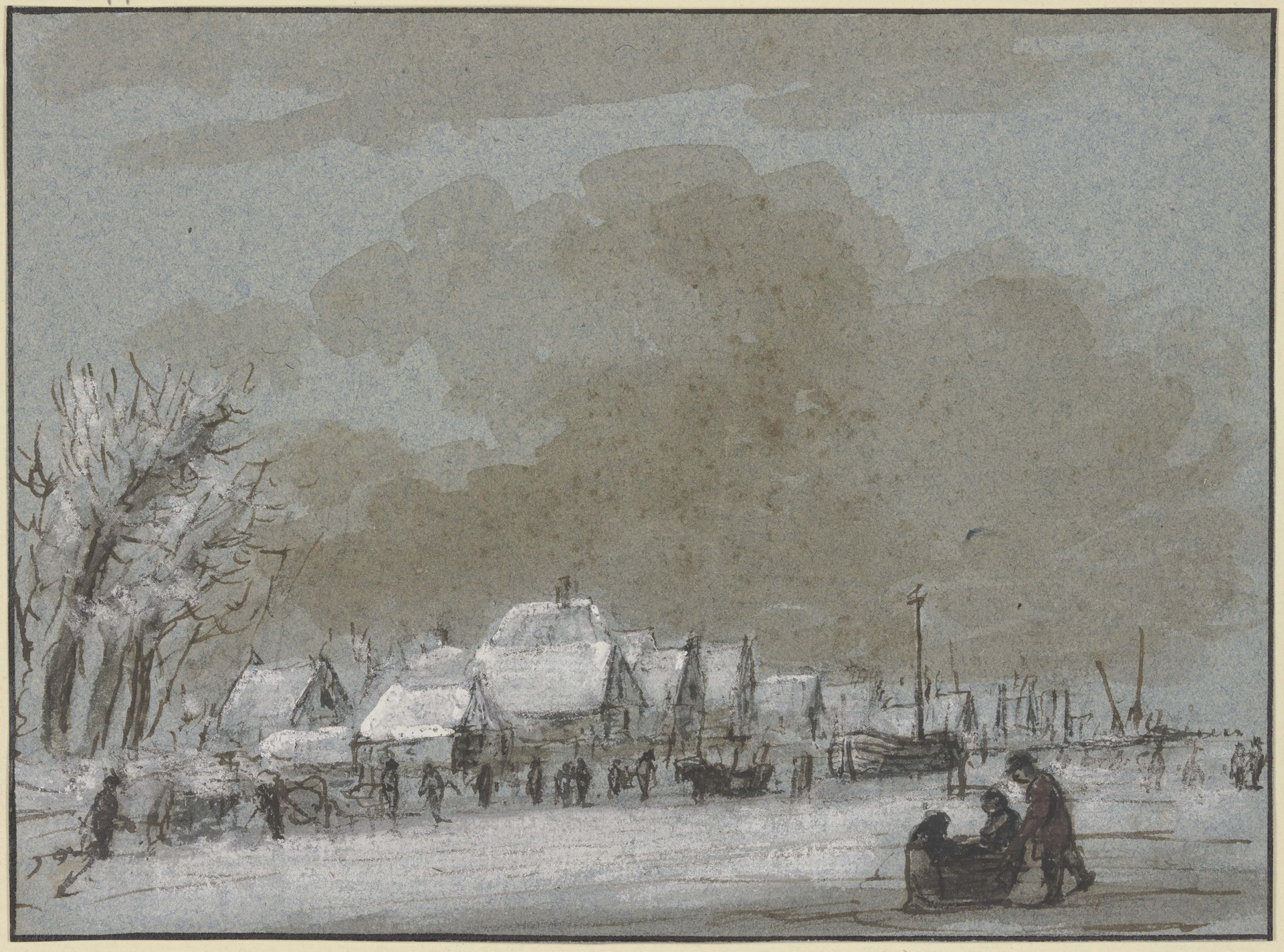 Winterlandschaft, links ein Dorf, eingefrorene Schiffe, rechts auf dem Eis zieht ein Mann ein Schlitten by Hendrik Spilman