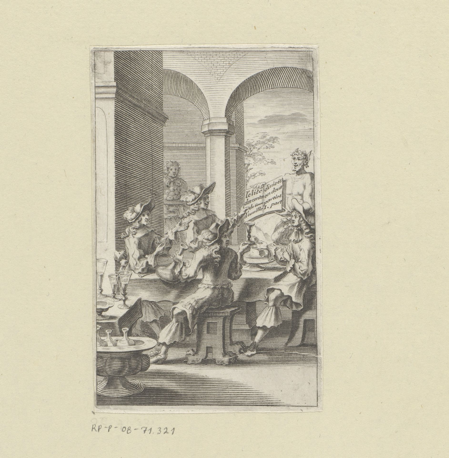 Interieur met vier mannen rond een tafel en een sater met een boek by Claude Mellan