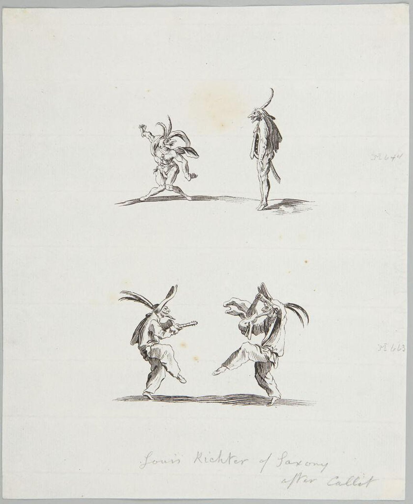 Smaraolo Cornuto and Ratsa di Boio, and Franca Trippa and Fritellino, after Callot by Adrian Ludwig Richter