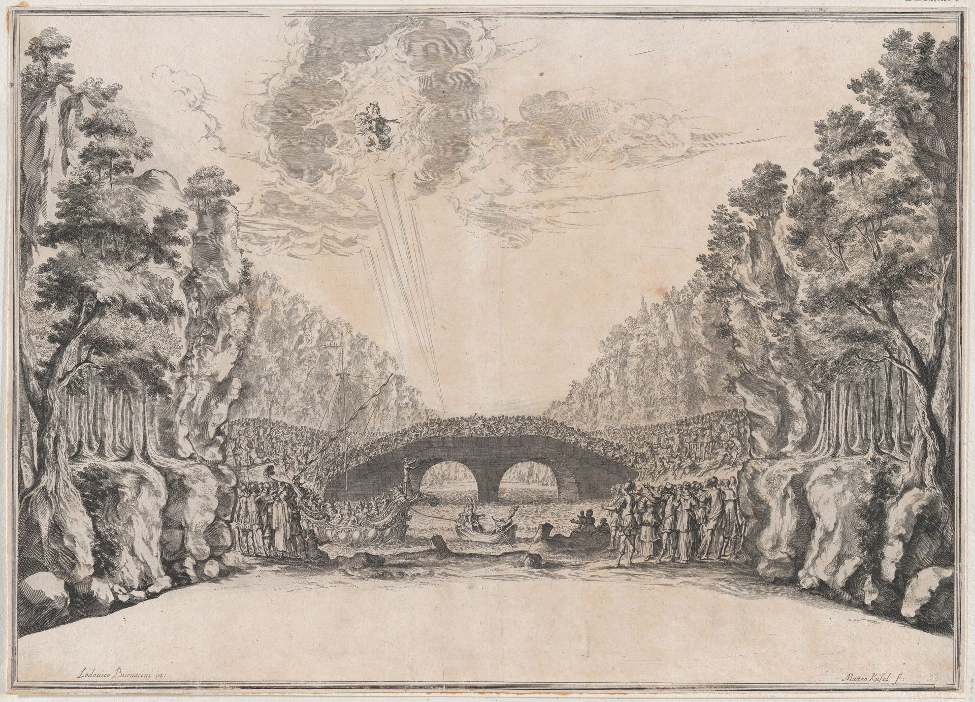 A row boat leading a ship to shore while a large group of figures looks on from the coast and along the bridge at center; a deity appears in the sky at upper left; set design from 'Il Fuoco Eterno' by Mathäus Küsel