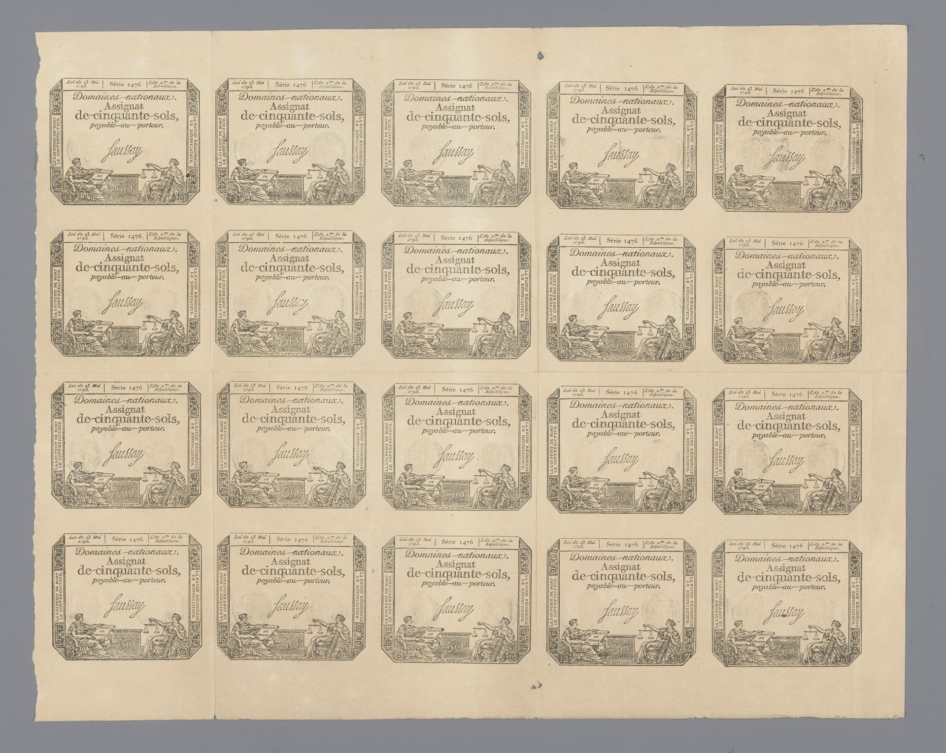 Vel met 20 assignaten van vijftig sols, serie 1476 uitgegeven 23 mei 1793 by Nicolas Marie Gatteaux