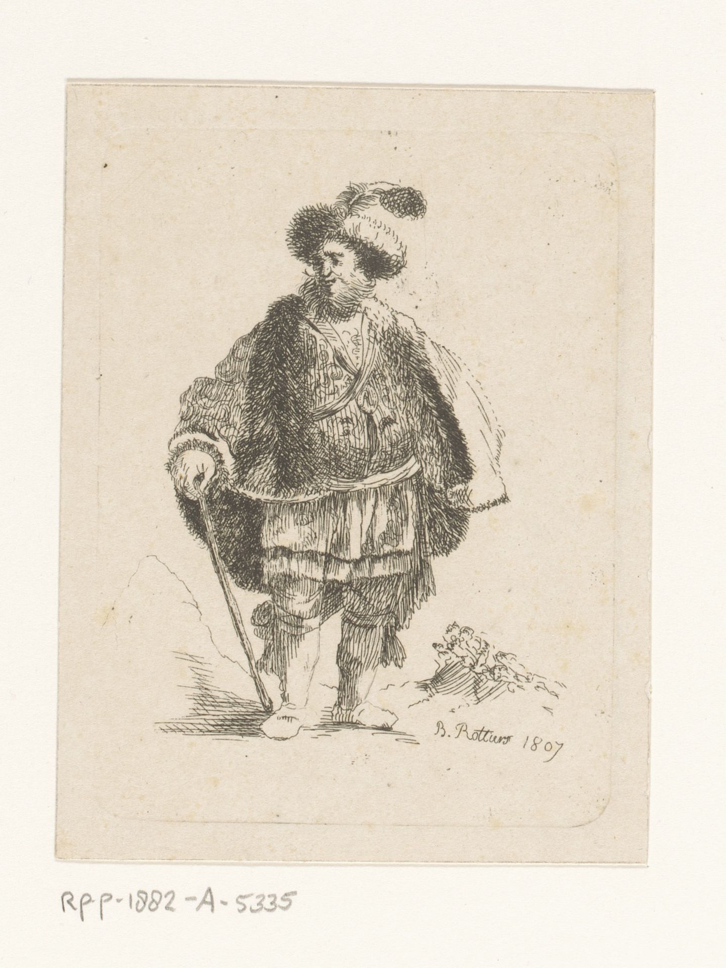 Man met wandelstok en bontmantel by Bernard Eugène Antoine Rottiers