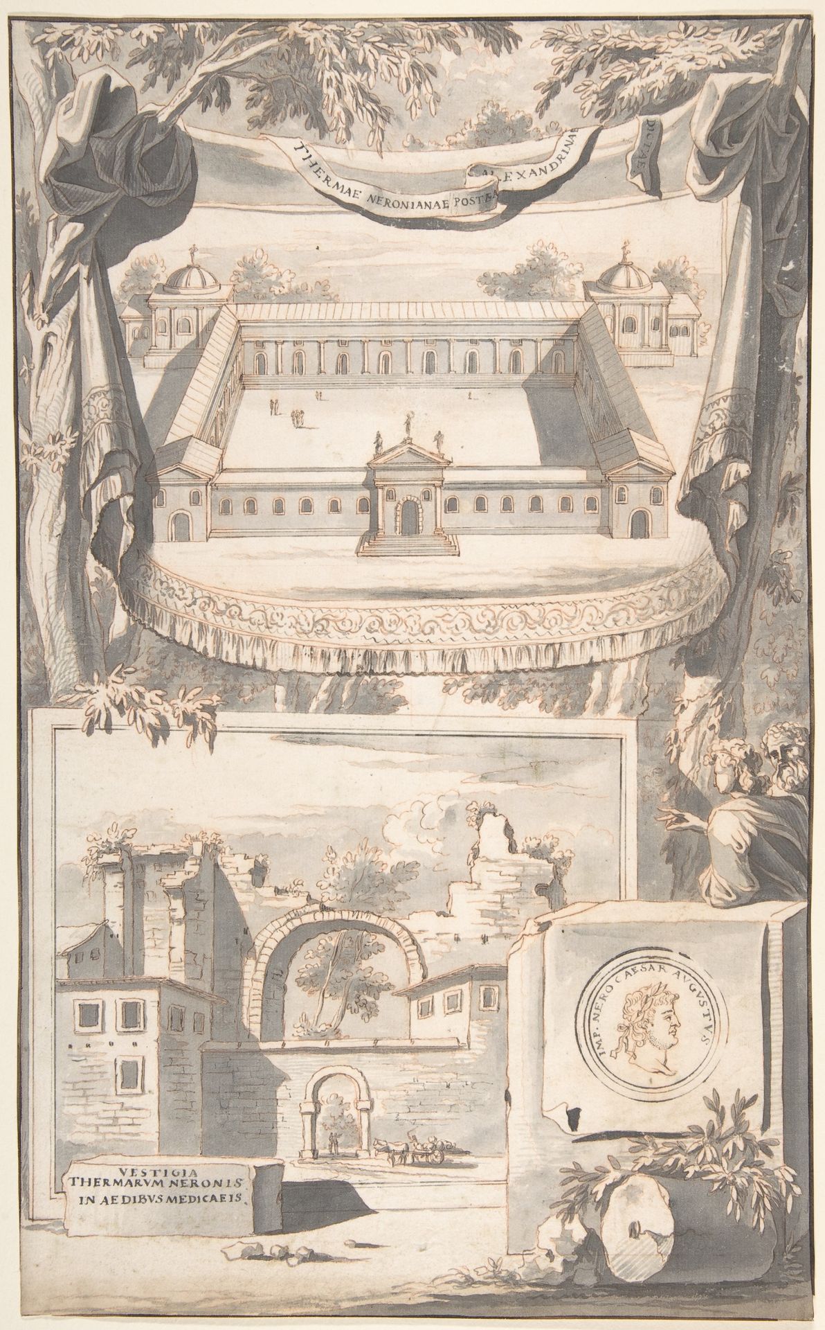 A Reconstruction of the Thermae of Nero (above) and a View of the Ruins (below) by Jan Goeree