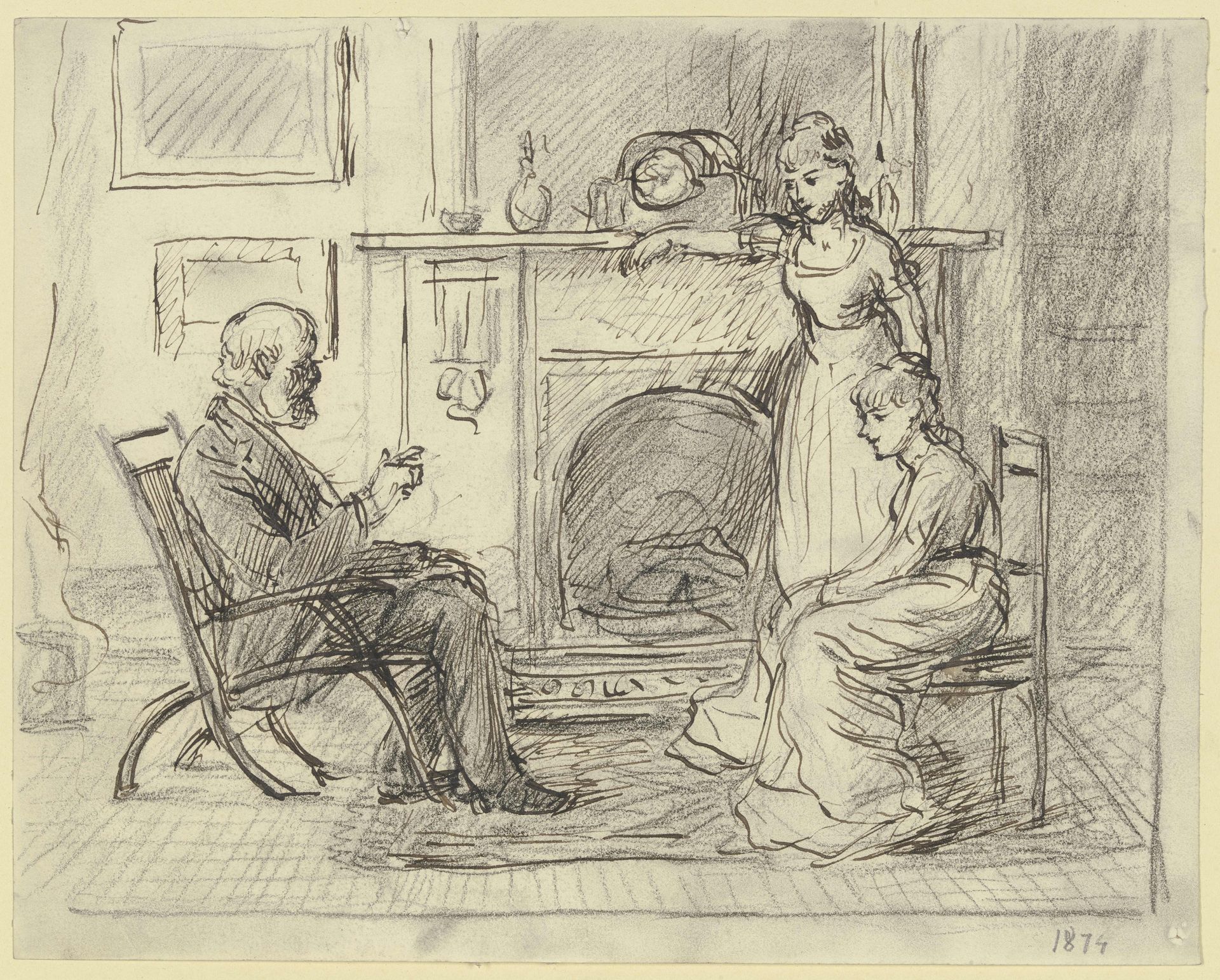 Three people at the fireplace by Otto Scholderer
