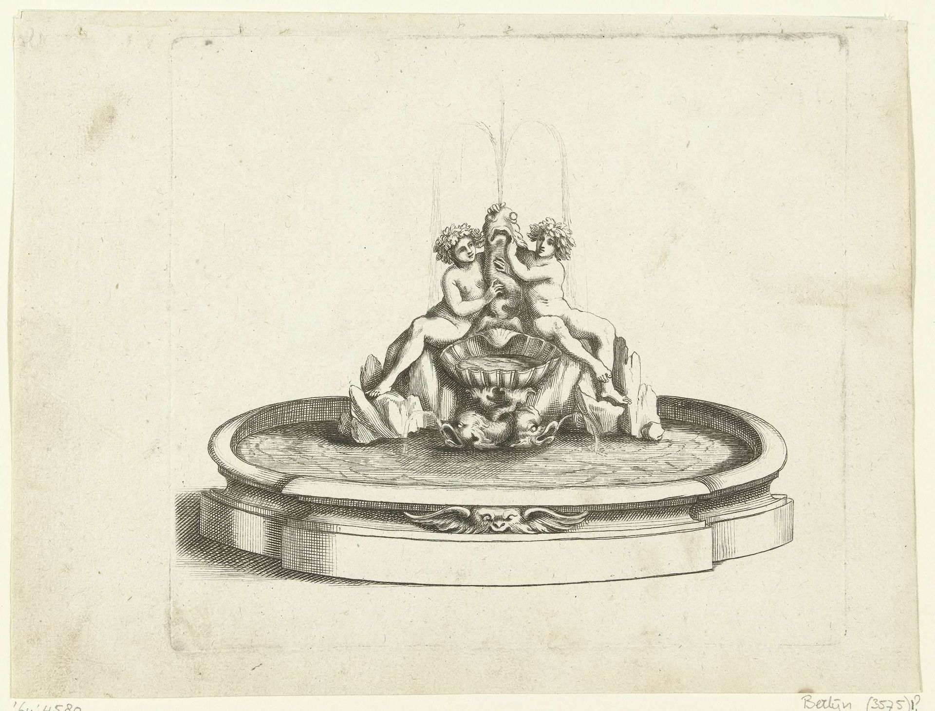 Fontein met twee putti naast waterspuwende dolfijn by Anonymous