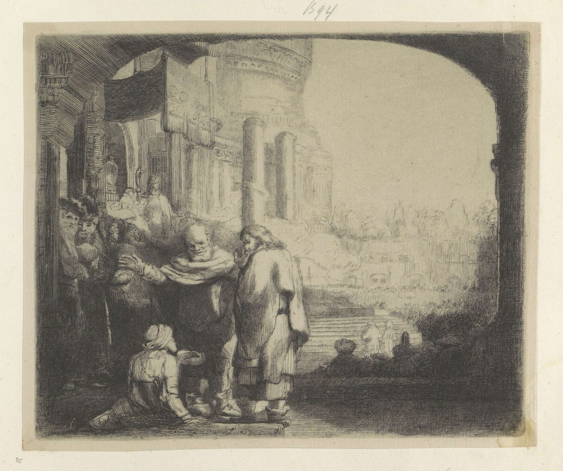 Petrus en Johannes genezen een verlamde man bij de tempelpoort by Rembrandt van Rijn