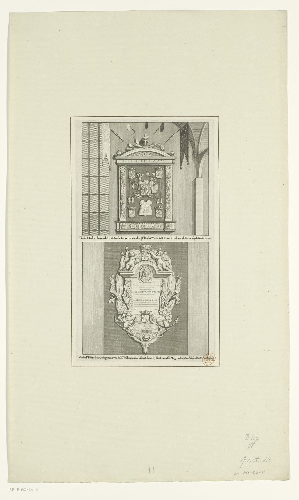 Grafmonumenten van veldmaarschalk Paulus Wirtz en schout-bij-nacht Willem van der Zaan in de Oude Kerk te Amsterdam by Anonymous
