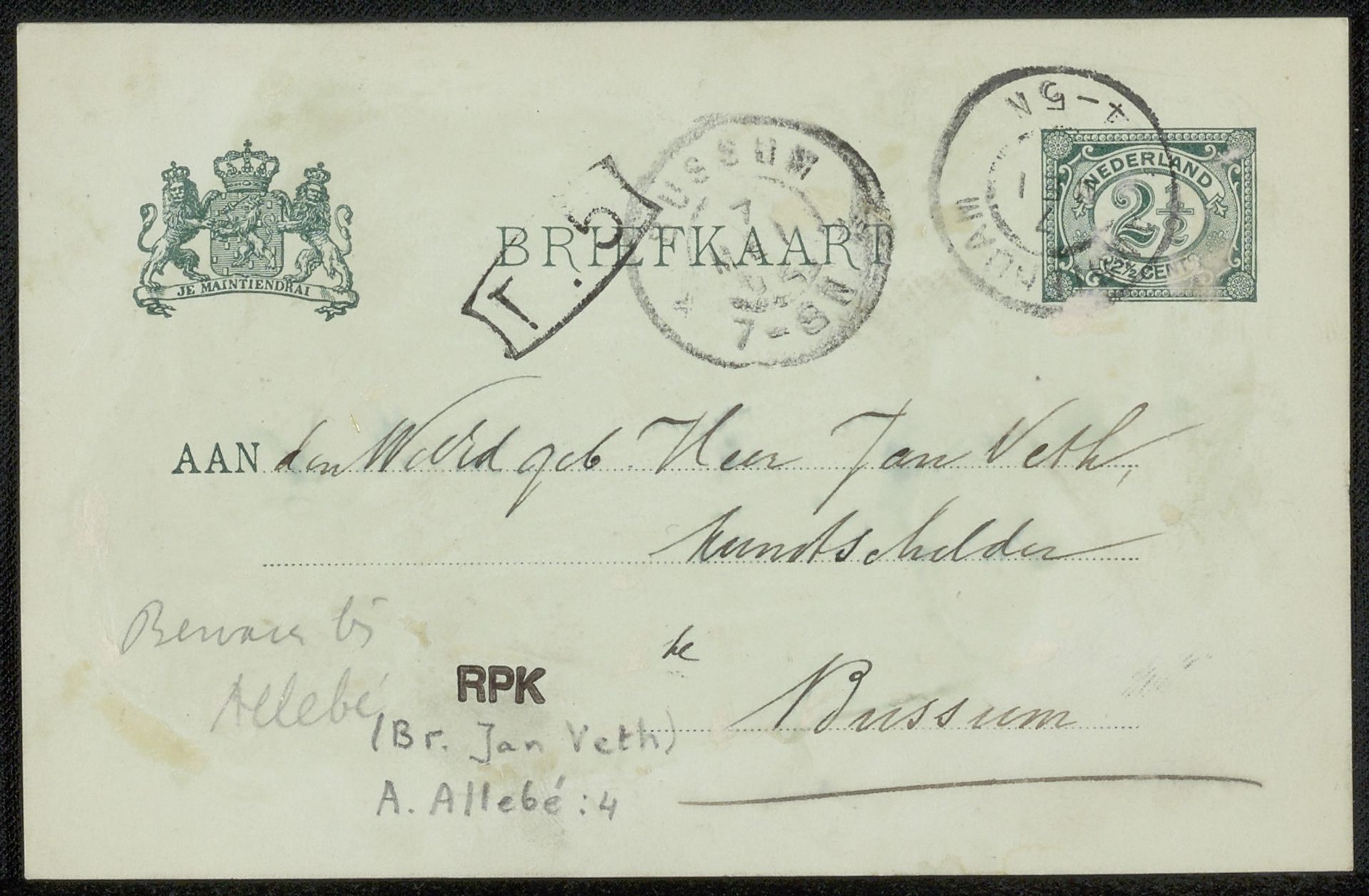 Briefkaart aan Jan Veth by August Allebé