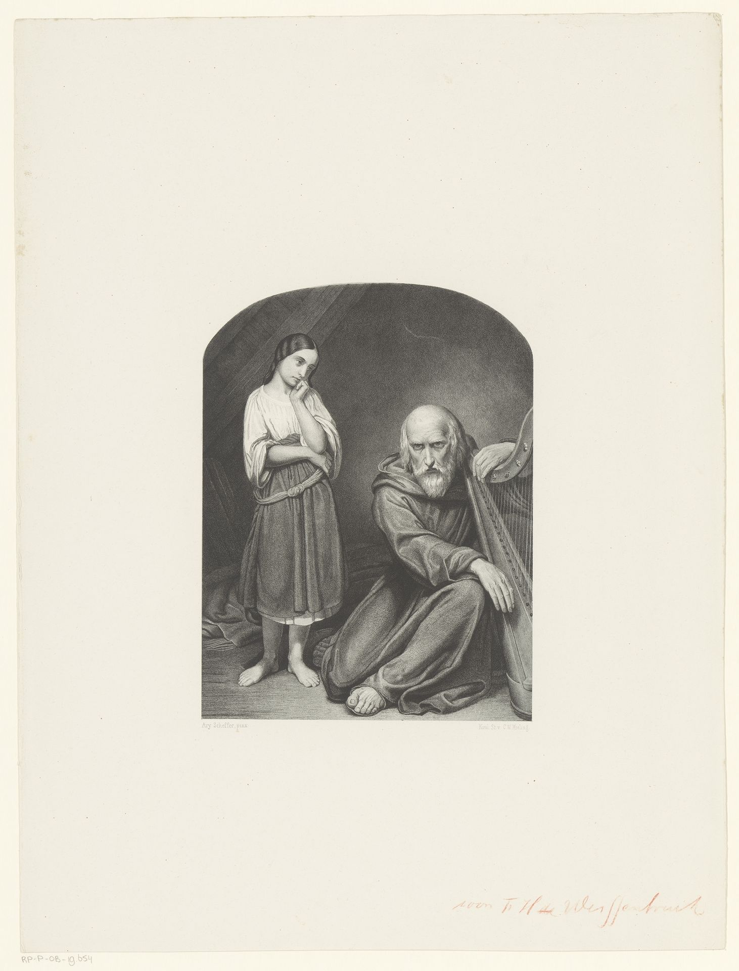 Meisje met oude monnik met harp by Frederik Hendrik Weissenbruch